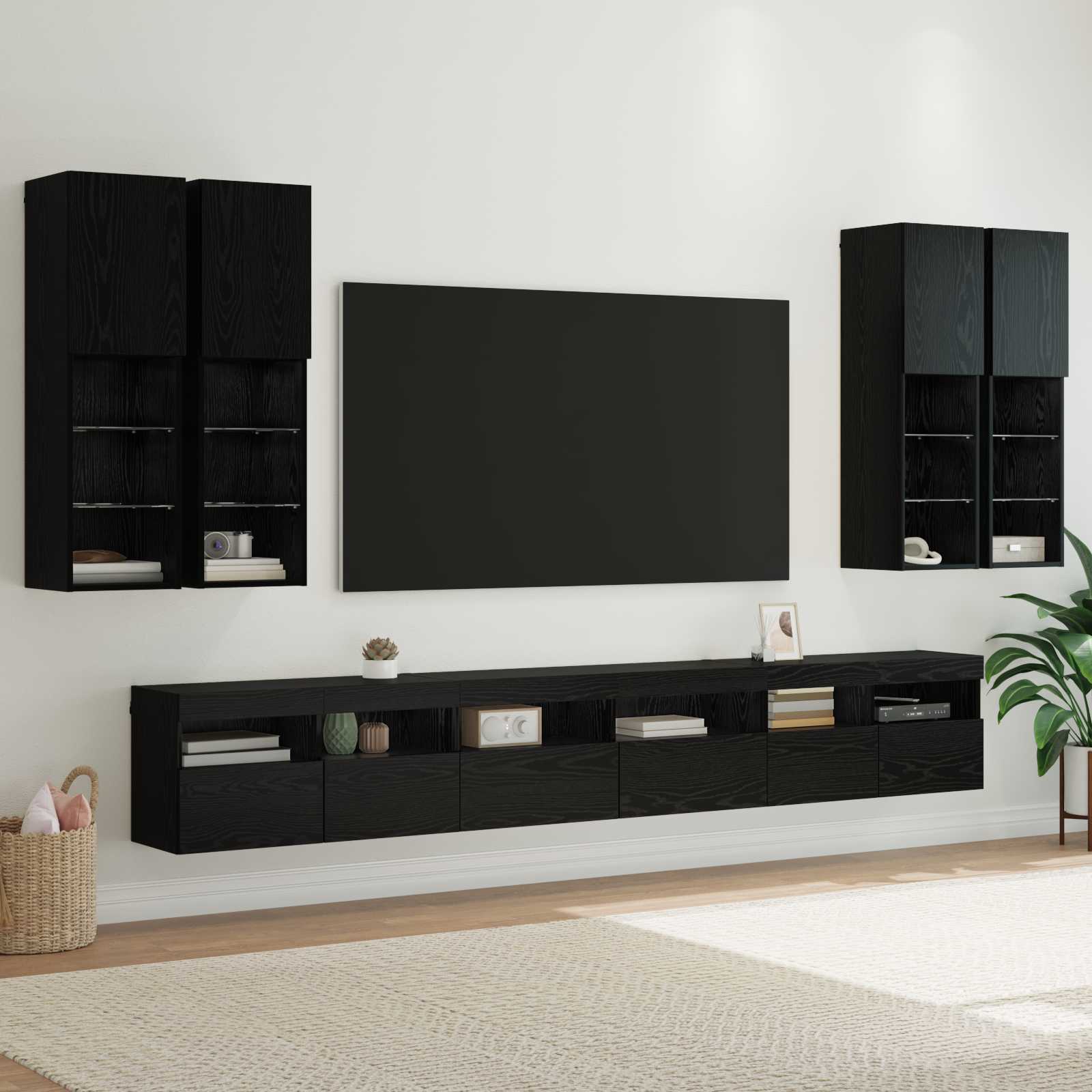 TV Wandkast Set Wandgemonteerd 7 pcs Zwart Eiken Bewerkt hout – afbeelding 1