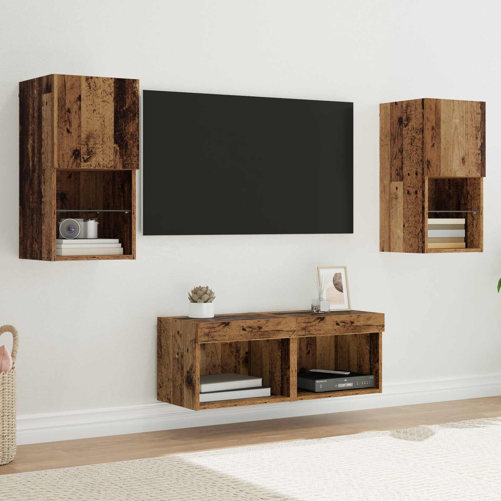TV Wandkasten met LED-striplichten 4 pcs Oud Hout Bewerkt hout