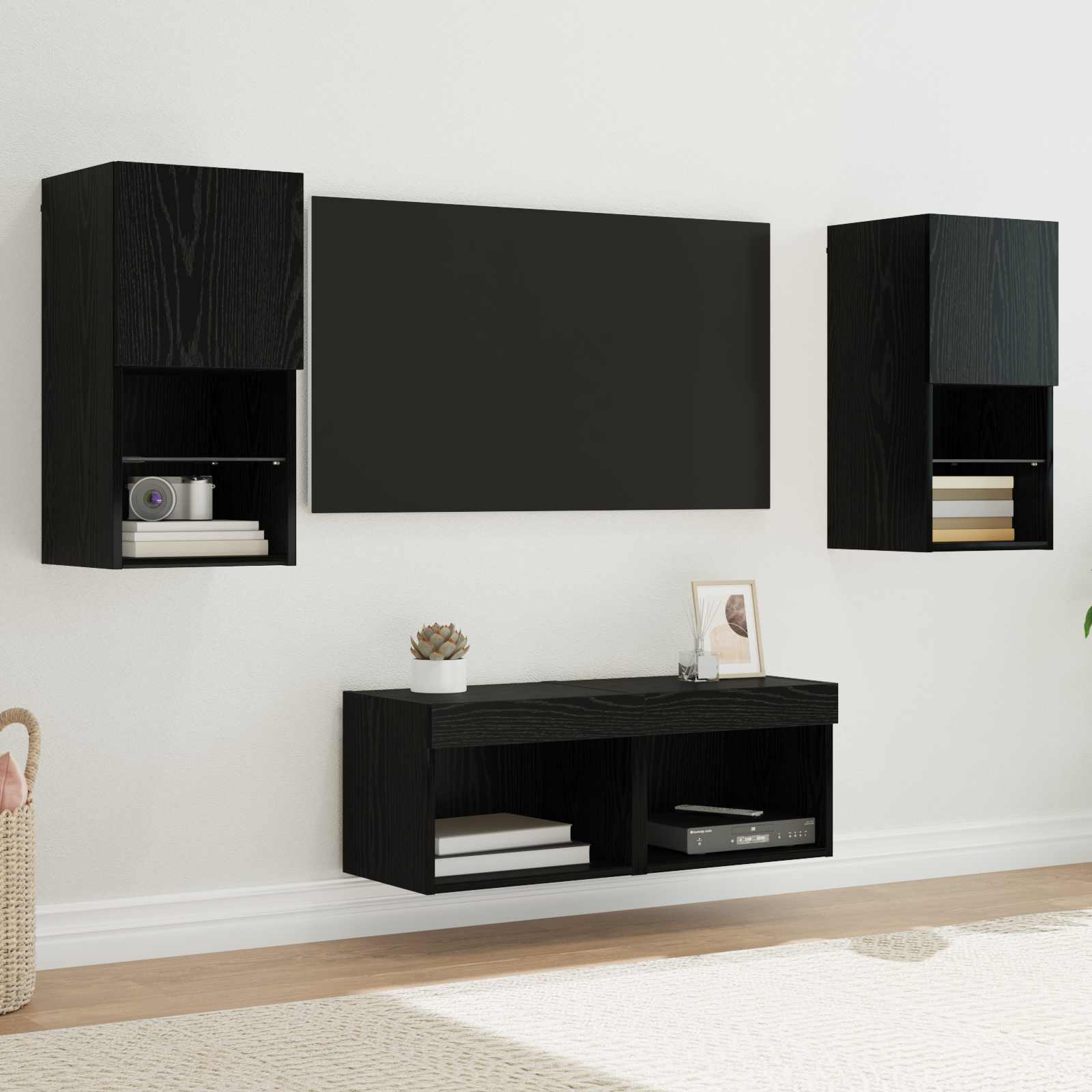 TV Wandkasten Wandgemonteerd 4 pcs Zwart Eiken Bewerkt hout