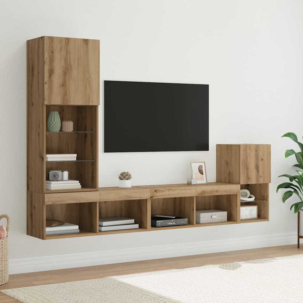 TV Wandmeubels met LED-striplichten Artisan Eiken Bewerkt hout – afbeelding 1