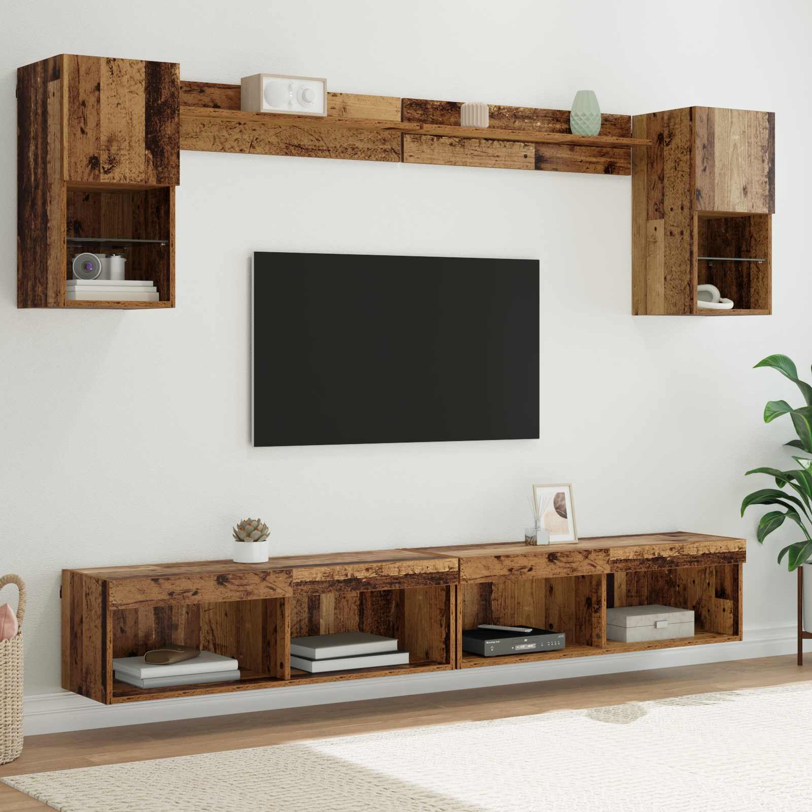 TV Wand Eenheden met LED met LED 6 pcs Oudhout Bewerkt hout