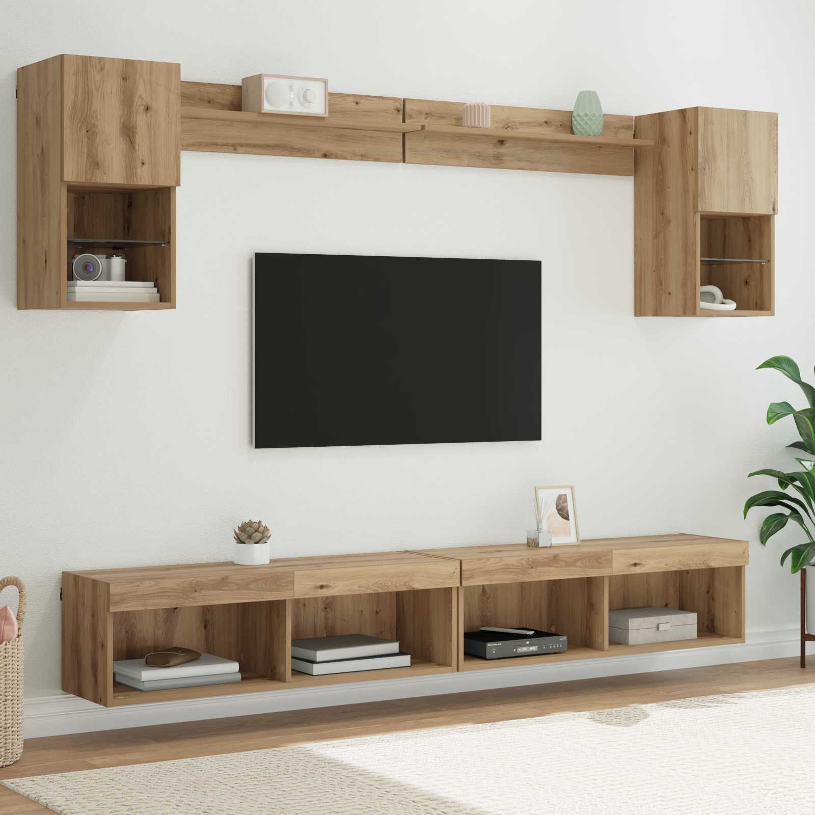 TV Wand Eenheden met LED 6 pcs Artisan Eiken Bewerkt hout – afbeelding 1