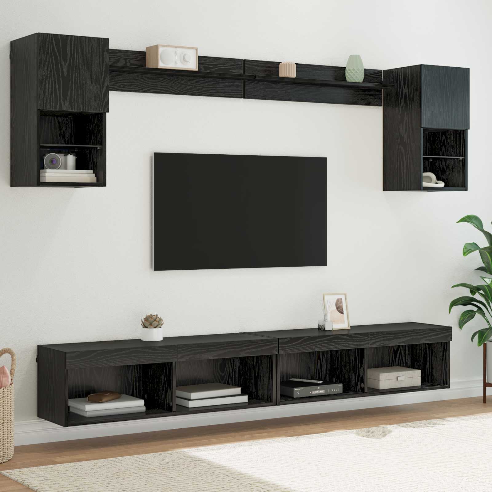 TV Wand Eenheden met LED met LED 6 pcs Zwart Eiken Bewerkt hout – afbeelding 1