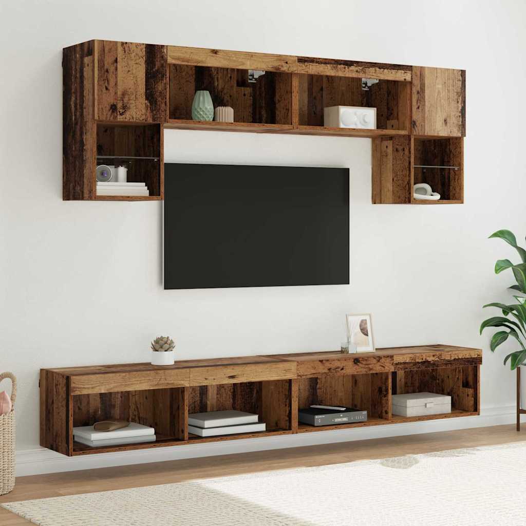 TV Wand Eenheden met LED 6 pcs Oud Hout Bewerkt hout – afbeelding 1