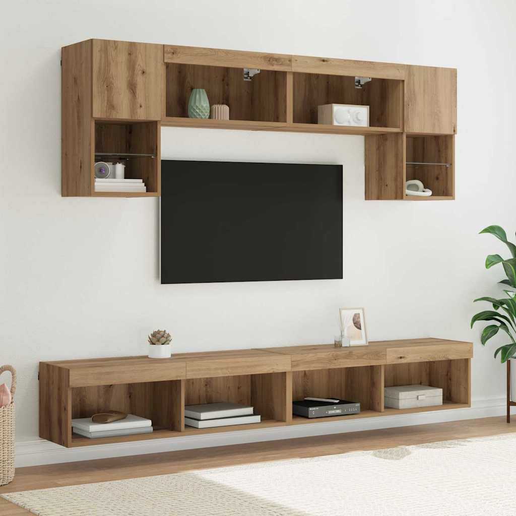 TV Wand Eenheden met LED 6 pcs Artisan Eiken Bewerkt hout – afbeelding 1