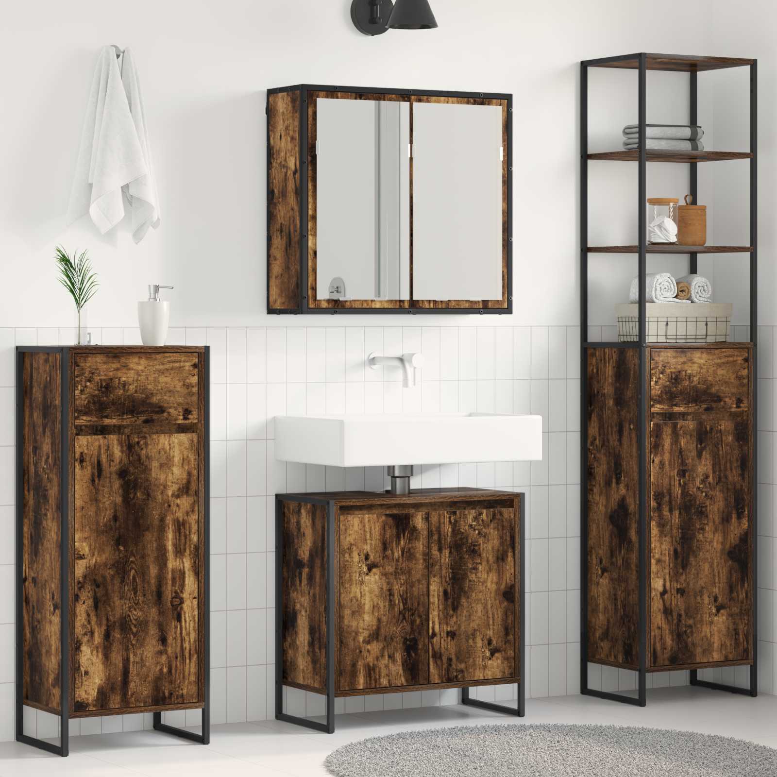Badkamermeubelset met lade met plank Gerookt eiken Bewerkt hout – afbeelding 1