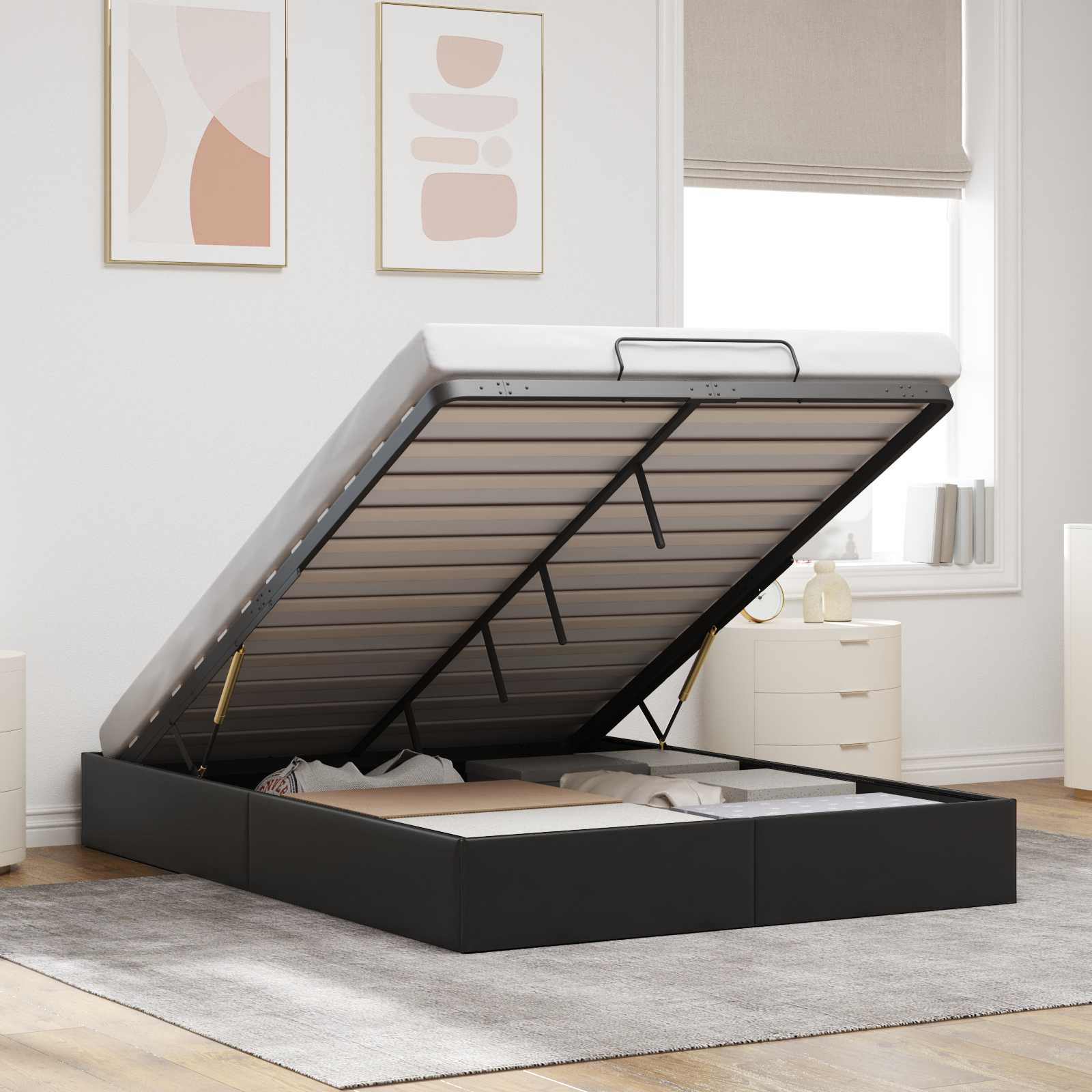 Ottoman Bedframe Zwart 153 x 203 cm Kunstleer – afbeelding 1