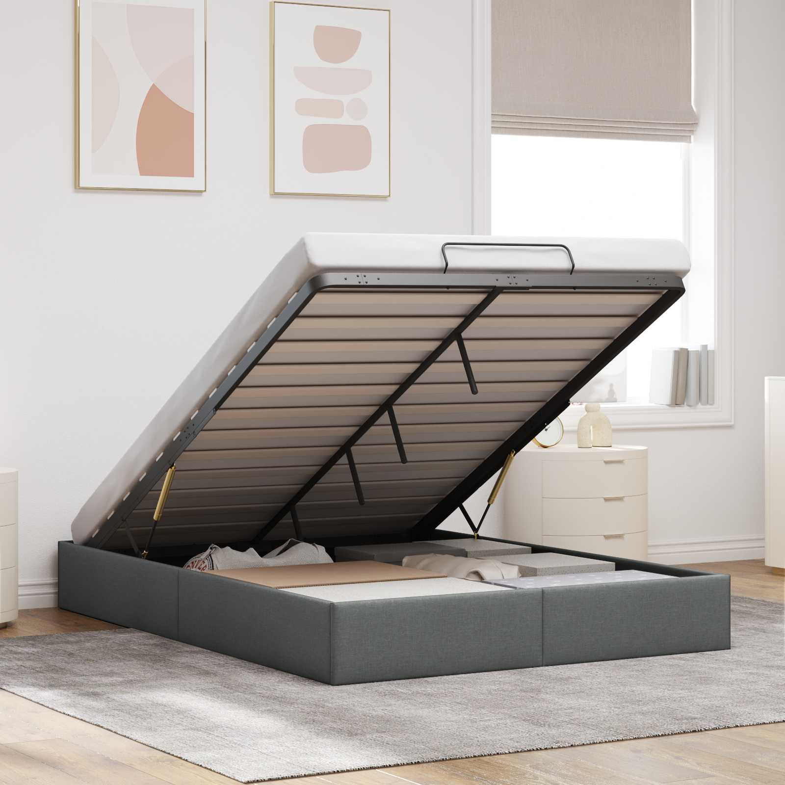 Ottoman Bedframe Donkergrijs 153 x 203 cm Stof – afbeelding 1