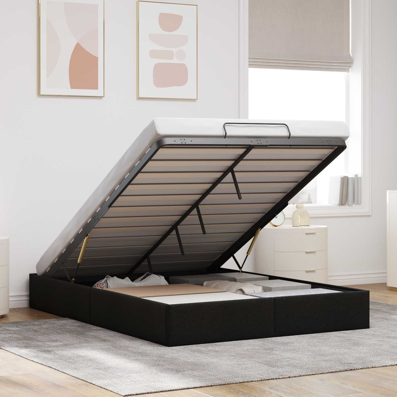 Ottoman Bedframe Zwart 153 x 203 cm Stof – afbeelding 1