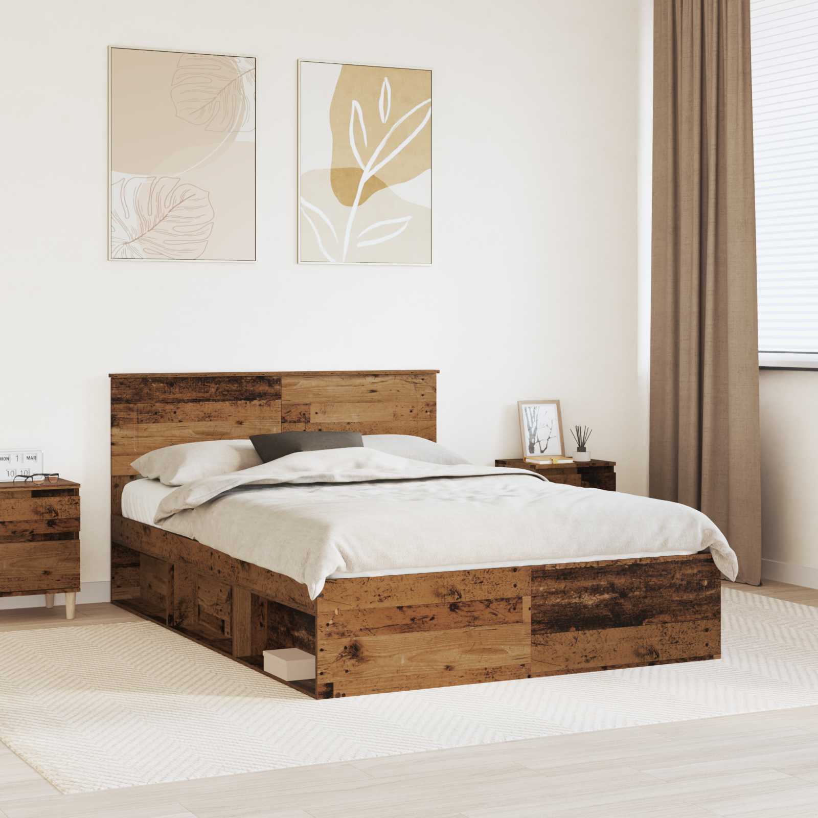 Bedframe met hoofdeinde Oudhout 140 x 200 cm Bewerkt hout – afbeelding 1
