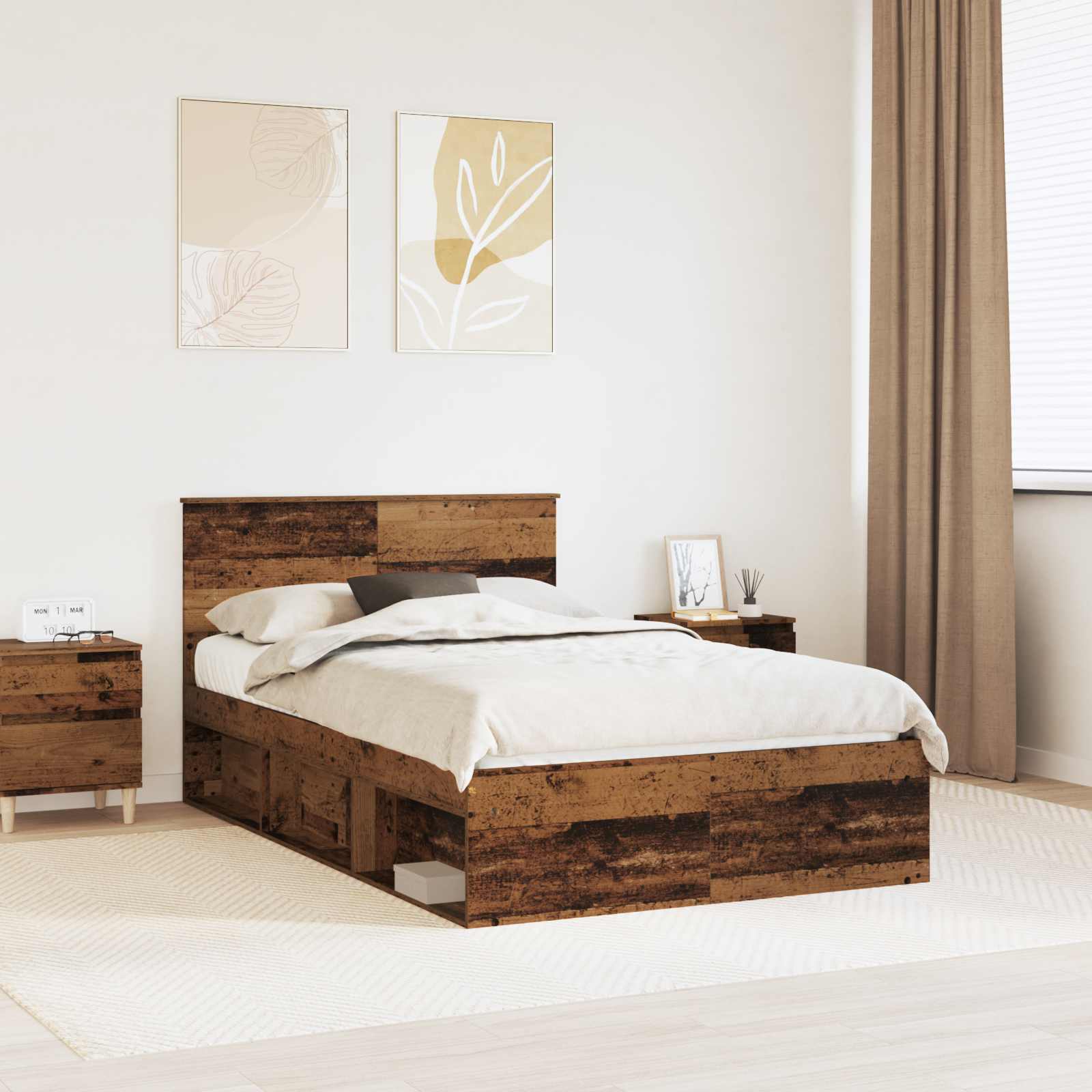 Bedframe met hoofdeinde Oudhout 135 x 190 cm Bewerkt hout