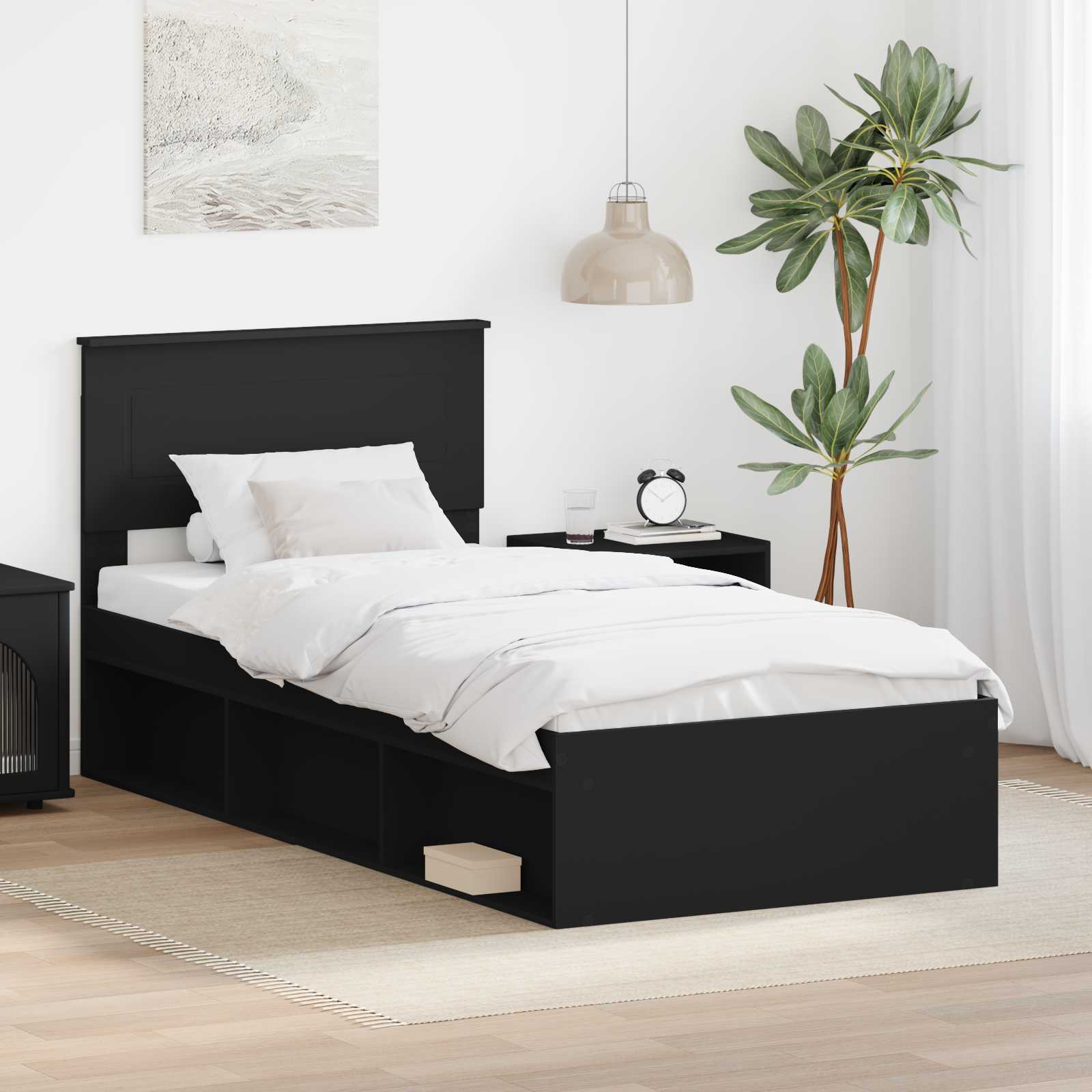 Bedframe met hoofdeinde Zwart 90 x 190 cm Bewerkt hout – afbeelding 1