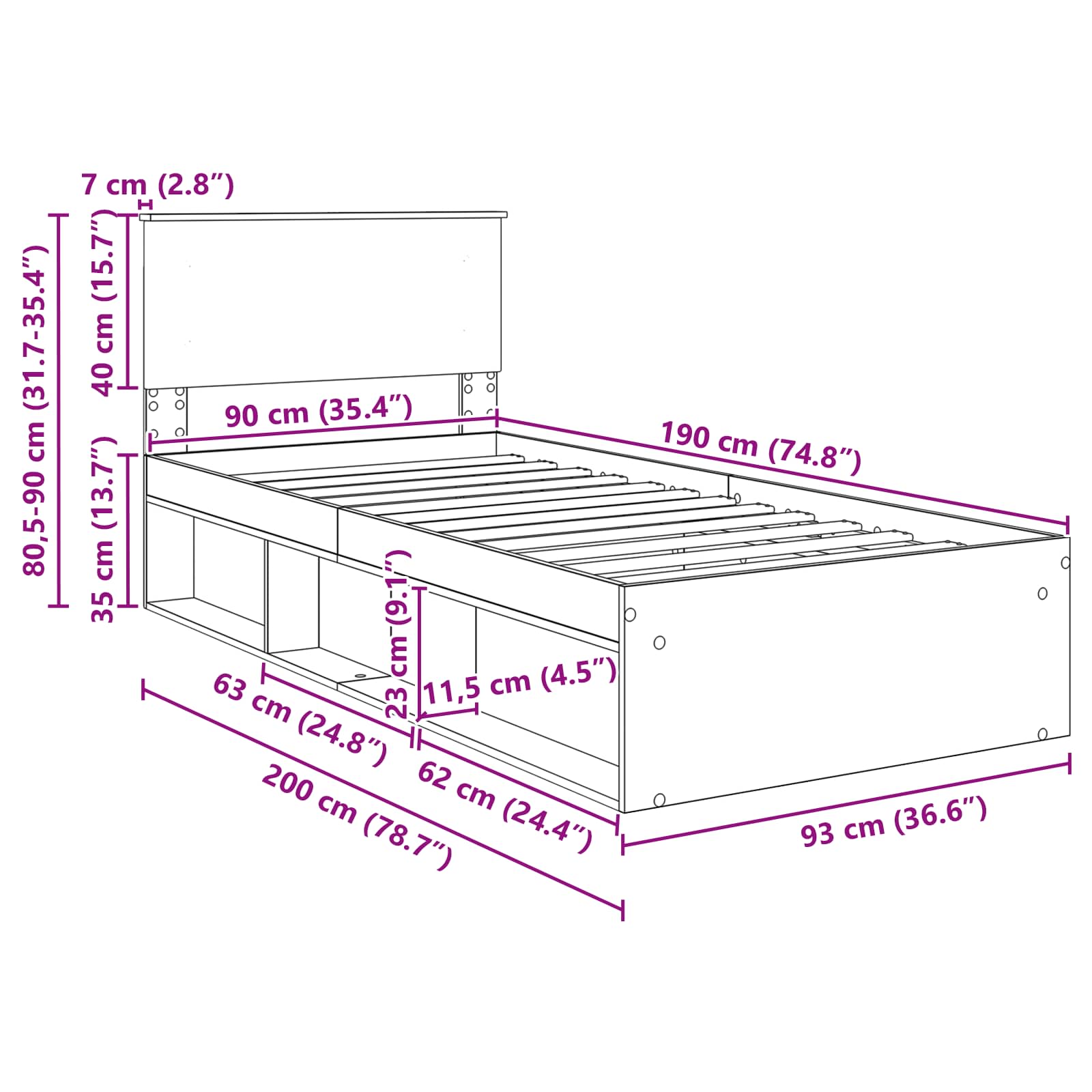Bedframe met hoofdeinde Zwart 90 x 190 cm Bewerkt hout – afbeelding 12