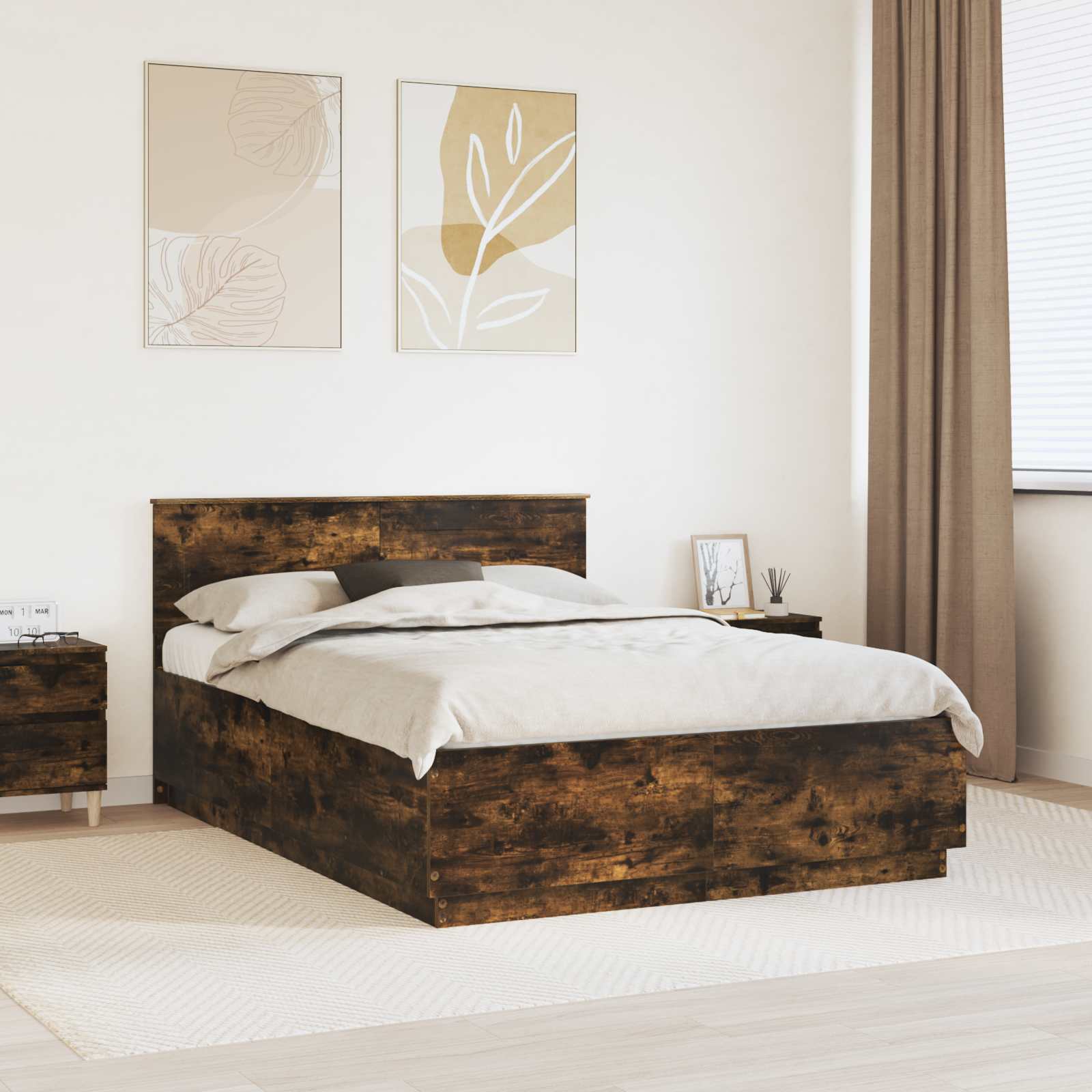 Bedframe met hoofdeinde Gerookt eiken 150 x 200 cm Bewerkt hout – afbeelding 1