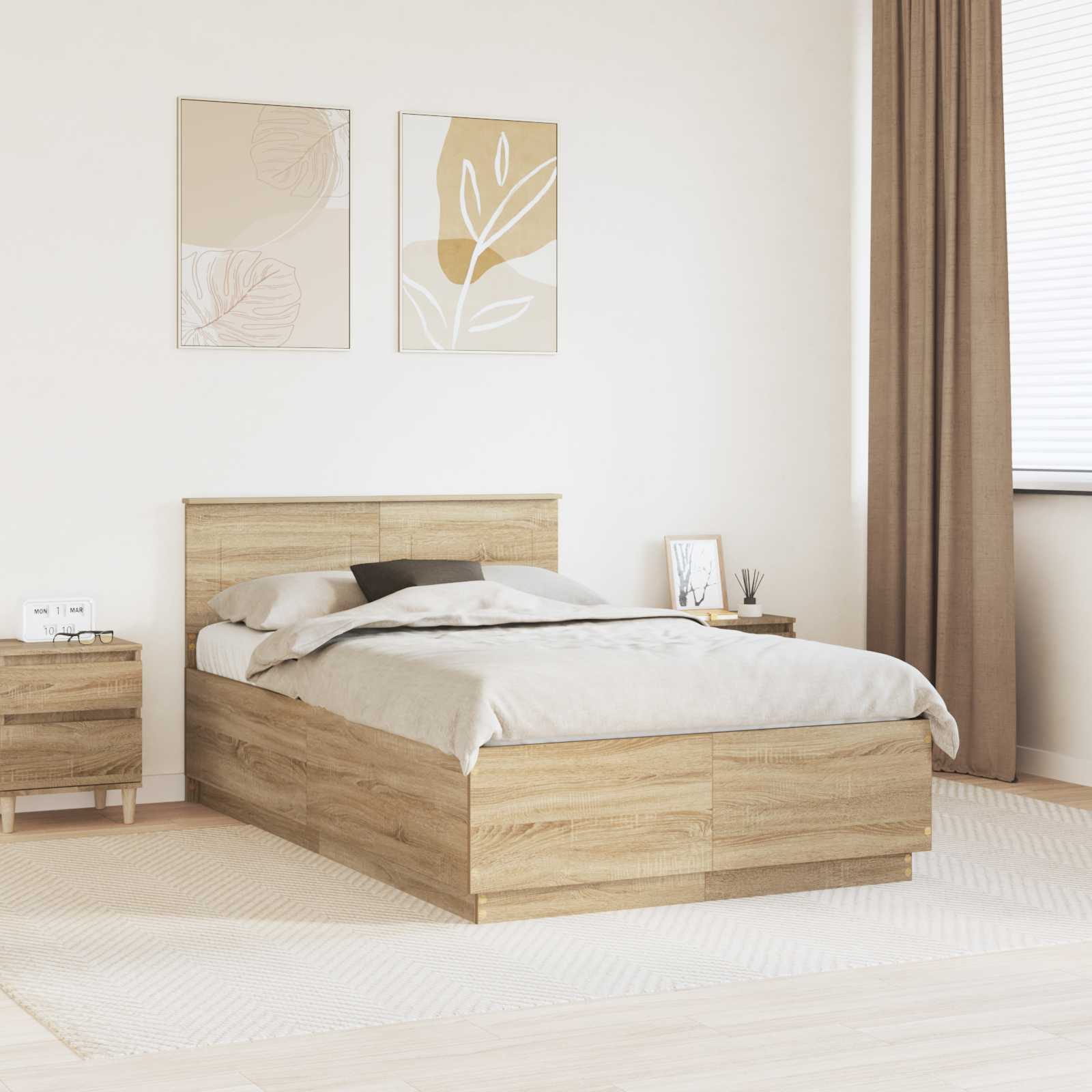 Bedframe met hoofdeinde Sonoma Eiken 135 x 190 cm Bewerkt hout – afbeelding 1