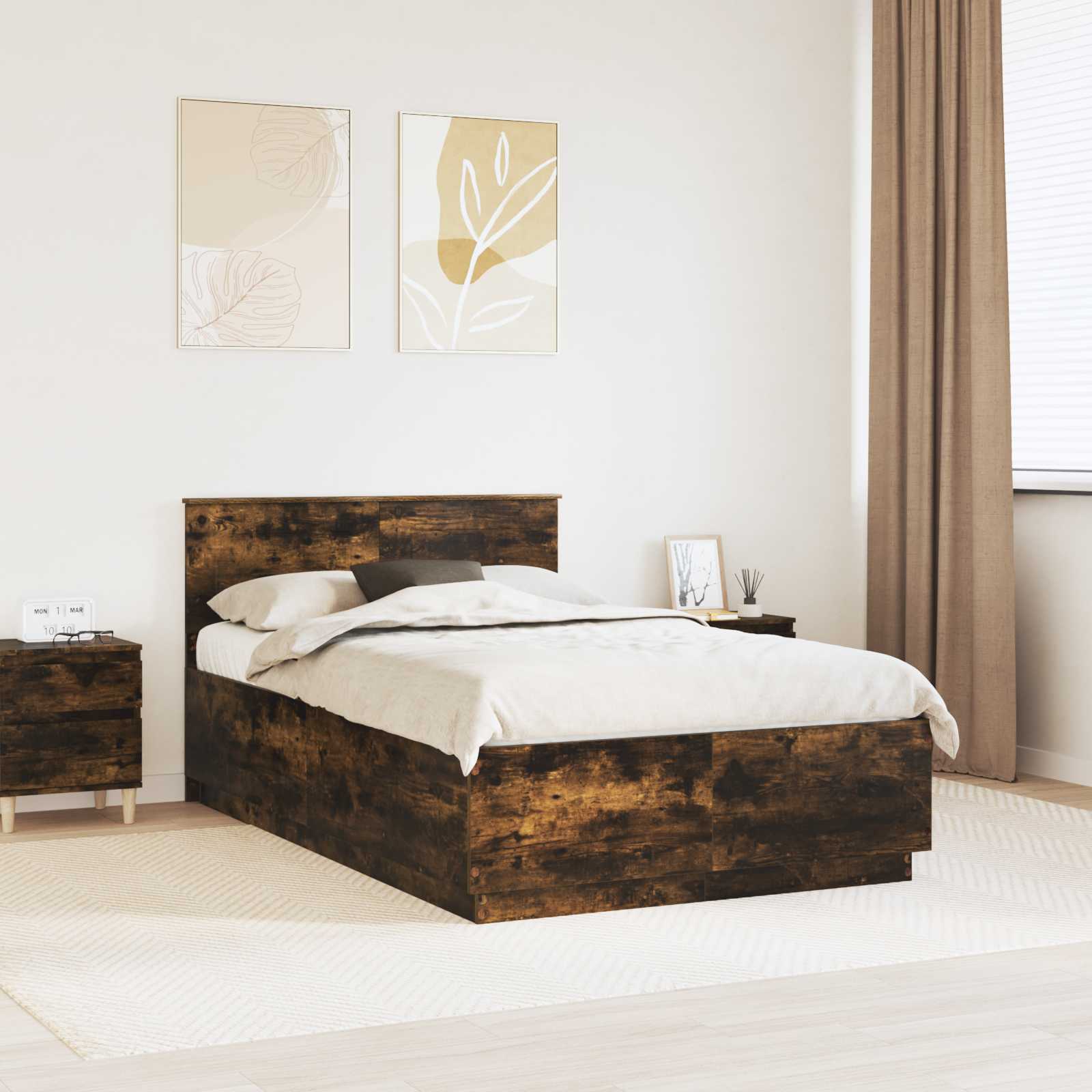 Bedframe met hoofdeinde Gerookt eiken 135 x 190 cm Bewerkt hout – afbeelding 1