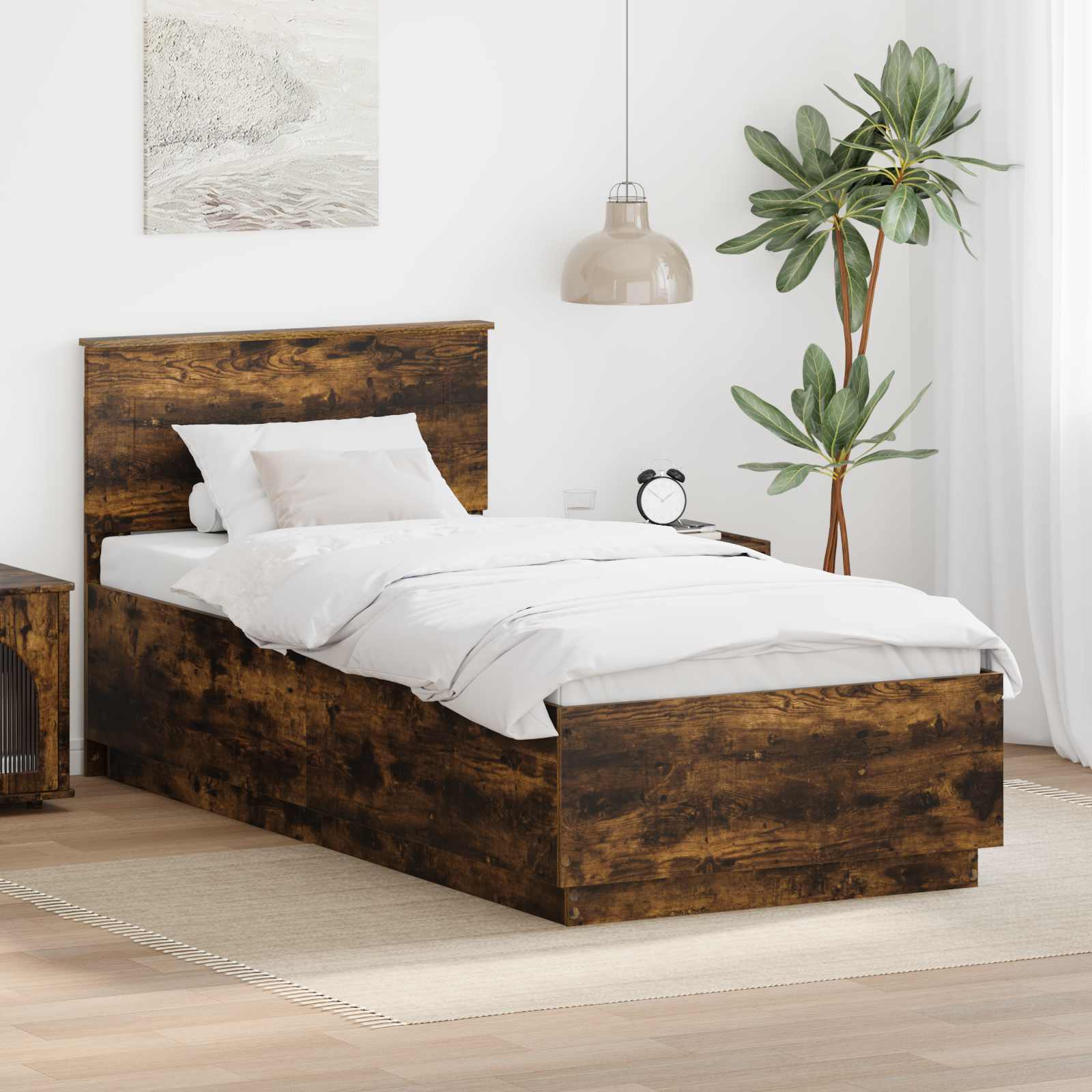 Bedframe met hoofdeinde Gerookt eiken 100 x 200 cm Bewerkt hout – afbeelding 1