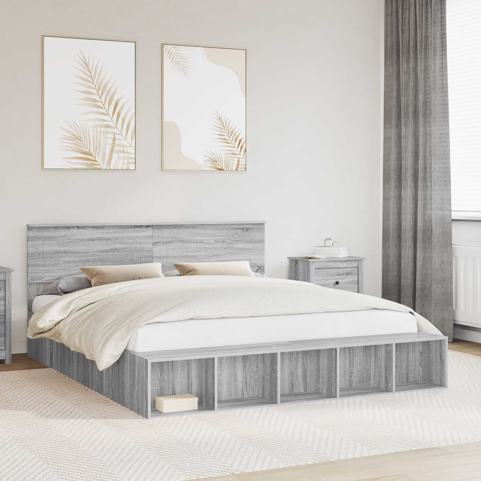 Bedframe met plank Grijs Sonoma 200 x 200 cm Bewerkt hout – afbeelding 1