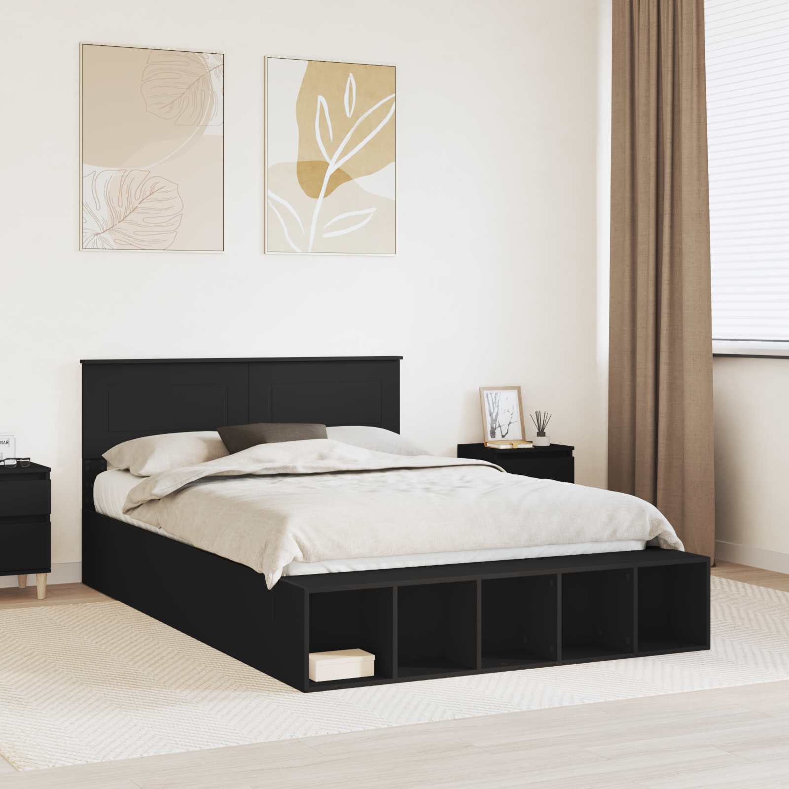 Bedframe met plank met opslag Zwart 150 x 200 cm Bewerkt hout – afbeelding 1