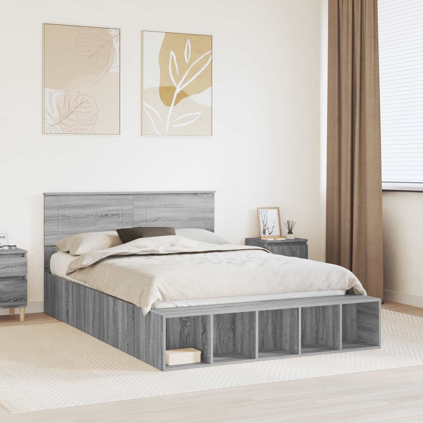 Bedframe met plank Grijs Sonoma 150 x 200 cm Bewerkt hout – afbeelding 1