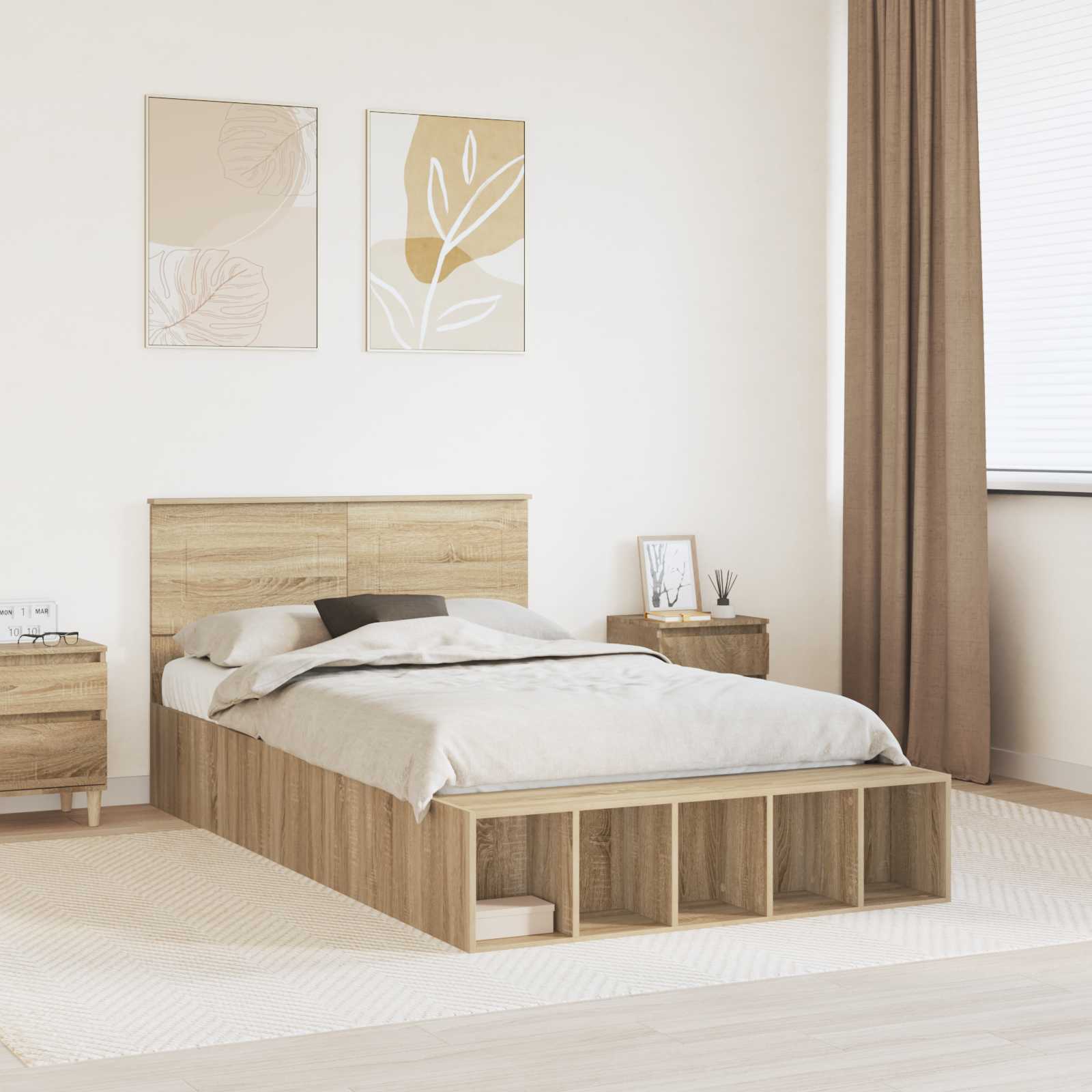 Bedframe met plank Sonoma Eiken 135 x 190 cm Bewerkt hout – afbeelding 1