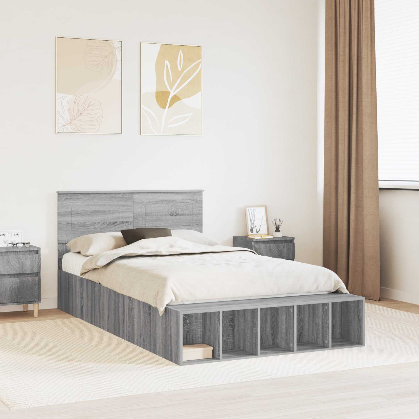 Bedframe met plank Grijs Sonoma 120 x 190 cm Bewerkt hout – afbeelding 1