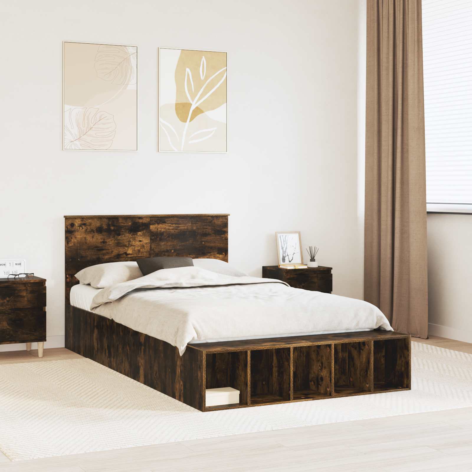 Bedframe met plank Gerookt eiken 120 x 200 cm Bewerkt hout