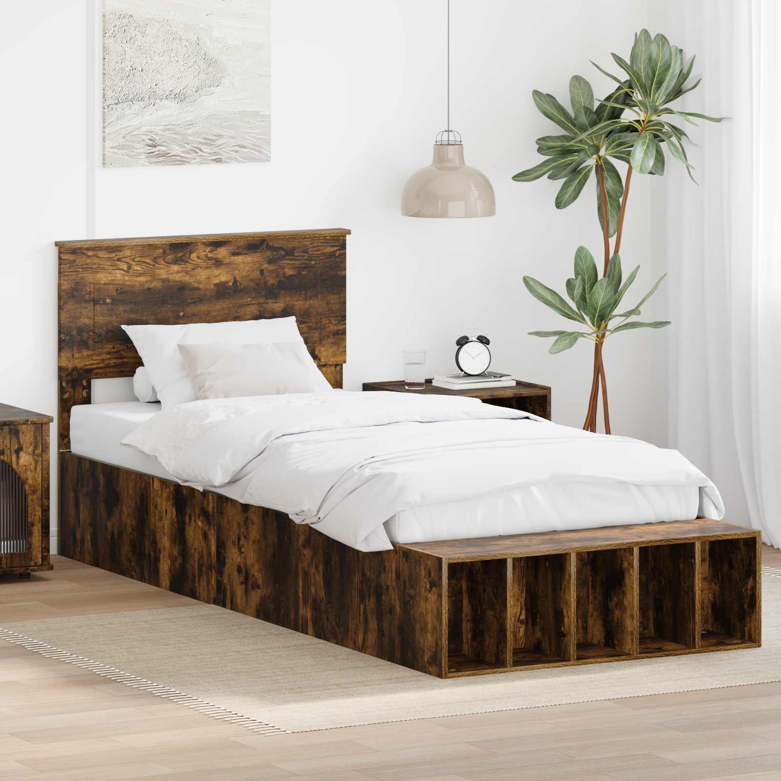 Bedframe met plank Gerookt eiken 90 x 200 cm Bewerkt hout – afbeelding 1