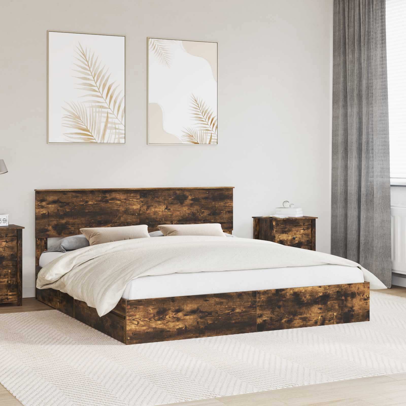 Opslag bed met lade Gerookt eiken 180 x 200 cm Bewerkt hout – afbeelding 1