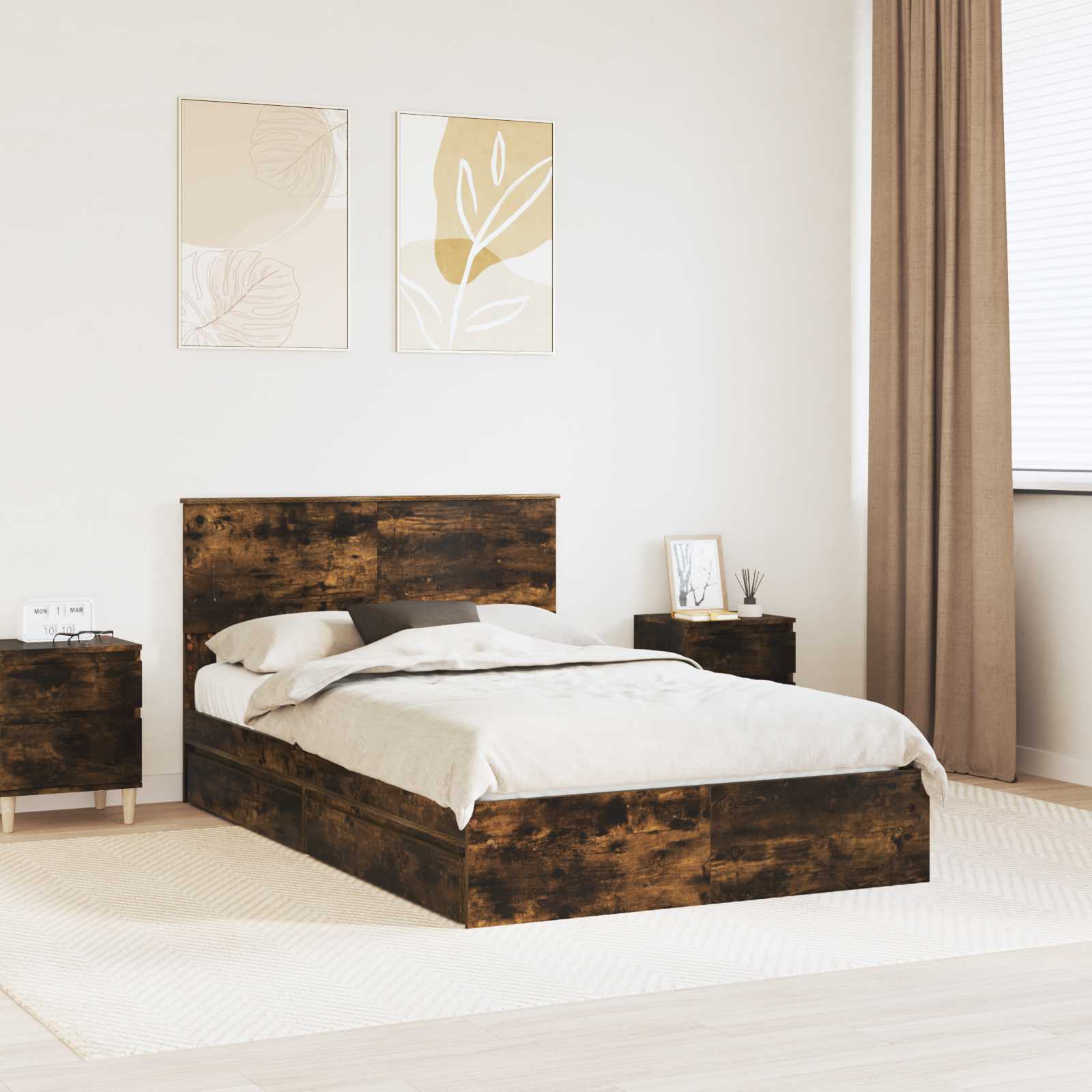 Opslag bed met lade Gerookt eiken 120 x 200 cm Bewerkt hout – afbeelding 1