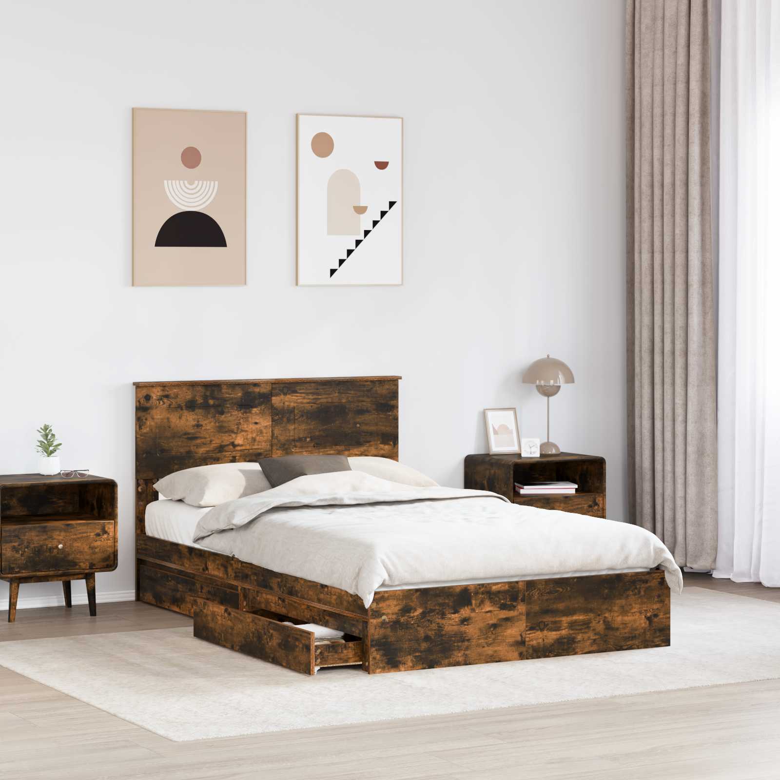 Opslag bed met lade Gerookt eiken 120 x 200 cm Bewerkt hout – afbeelding 3