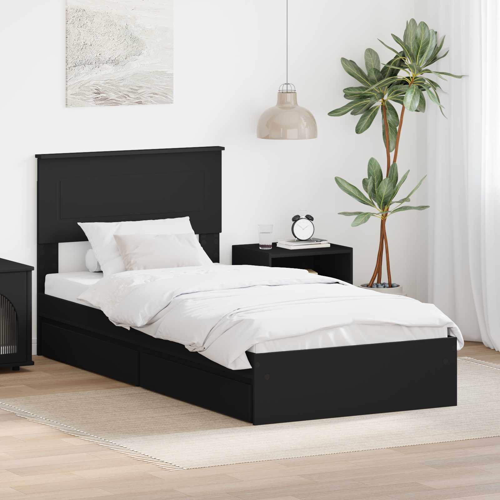 Opslag bed met hoofdeinde Zwart 90 x 190 cm Bewerkt hout – afbeelding 1