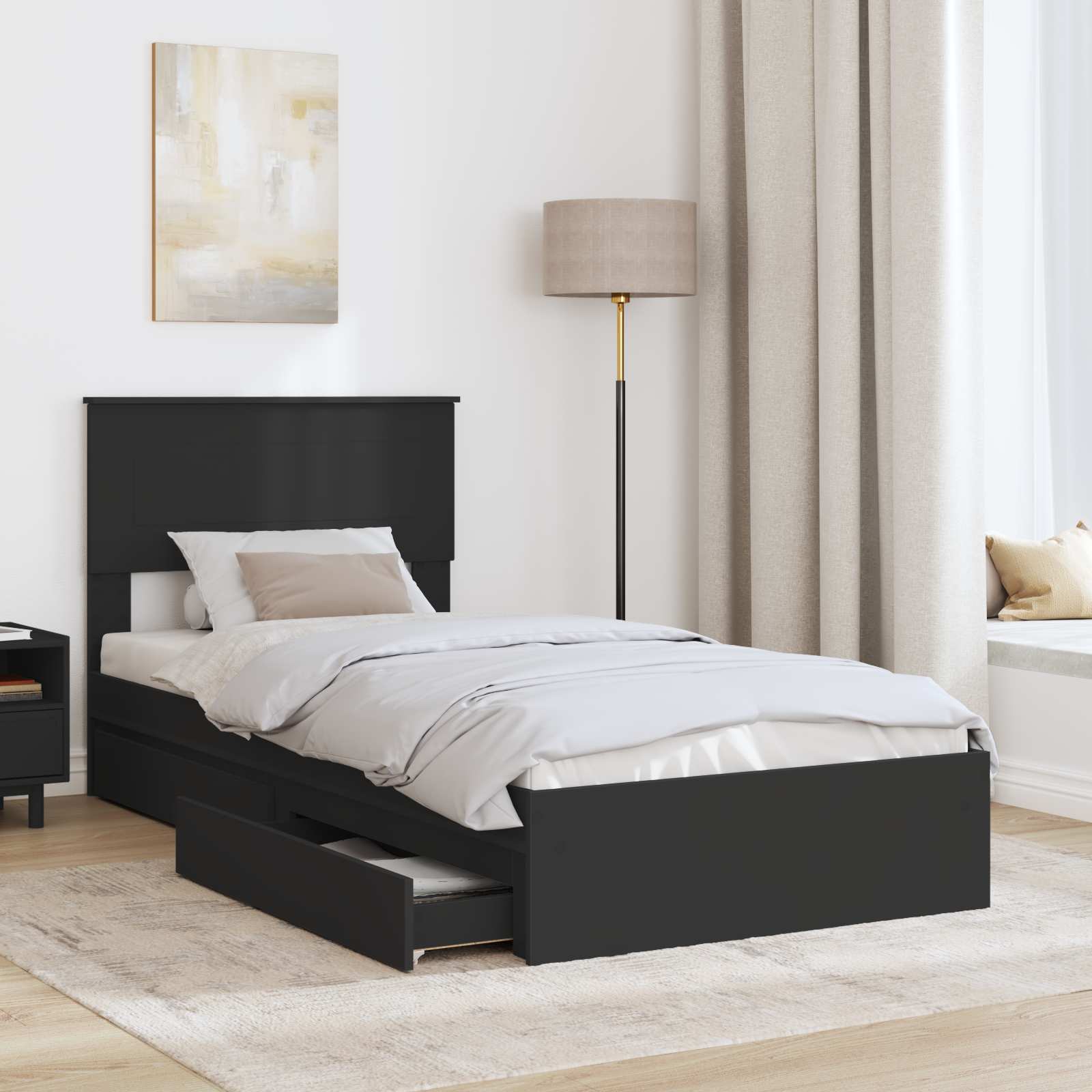 Opslag bed met hoofdeinde Zwart 90 x 190 cm Bewerkt hout – afbeelding 3