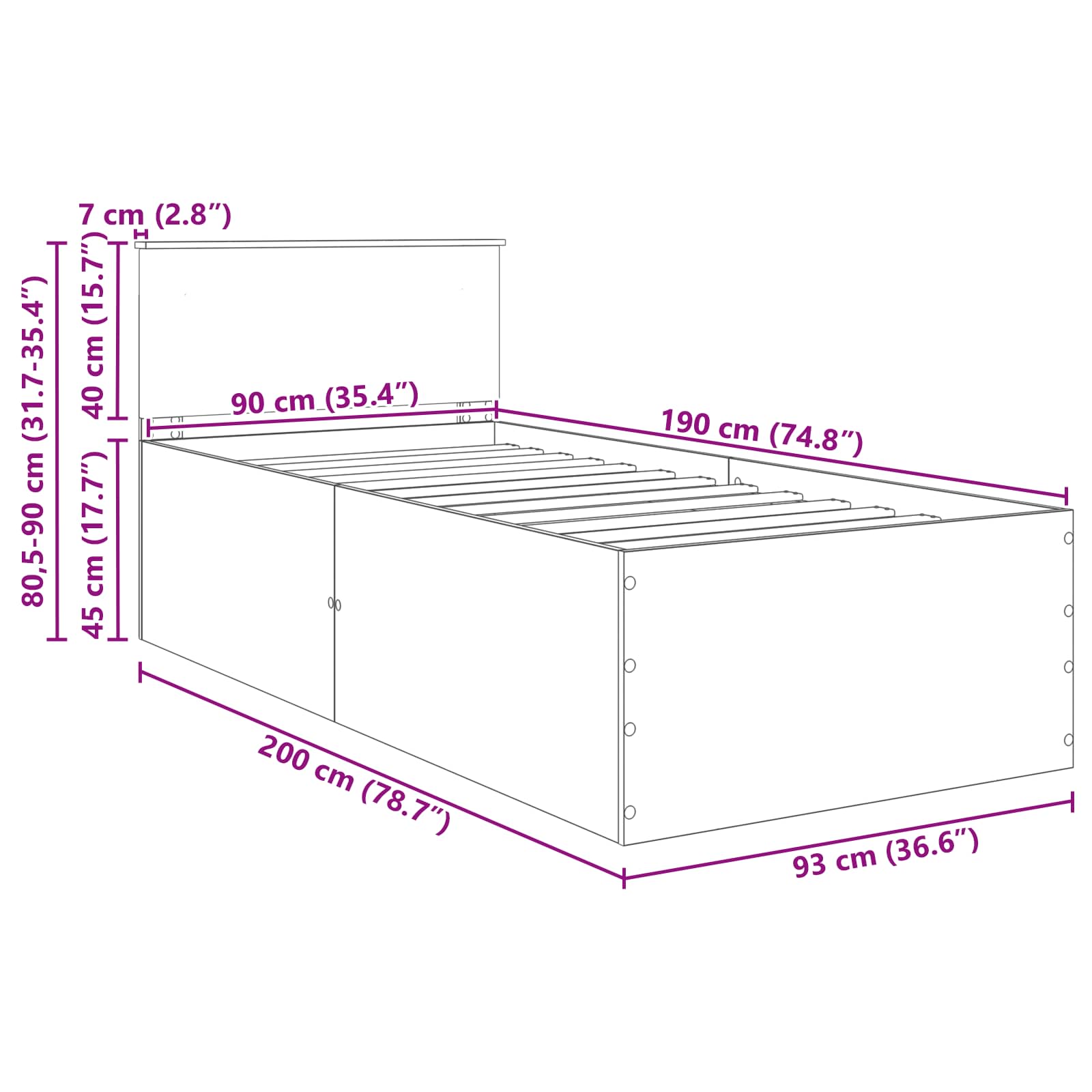 Bedframe met hoofdeinde Wit 90 x 190 cm Bewerkt hout – afbeelding 12