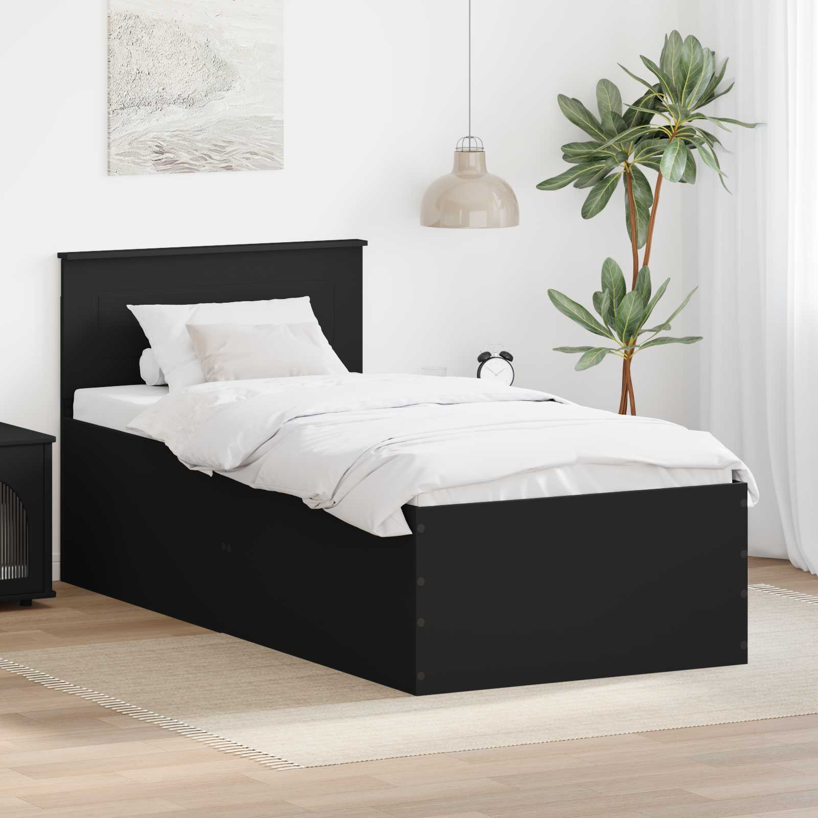 Bedframe met hoofdeinde Zwart 90 x 200 cm Bewerkt hout – afbeelding 1