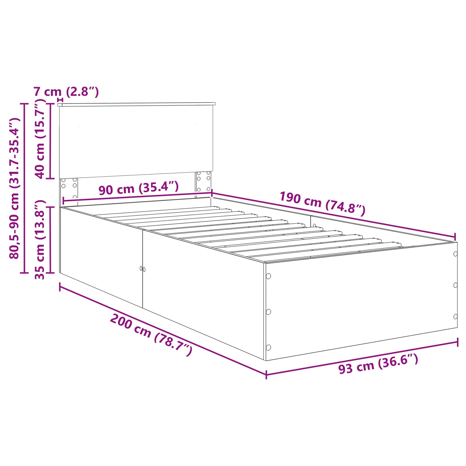 Bedframe met hoofdeinde Grijs Sonoma 90 x 190 cm Bewerkt hout – afbeelding 12