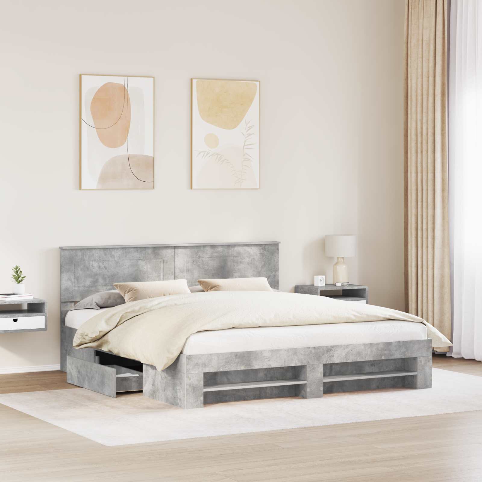 Bedframe met hoofdeinde Beton Grijs 200 x 200 cm Bewerkt hout – afbeelding 3