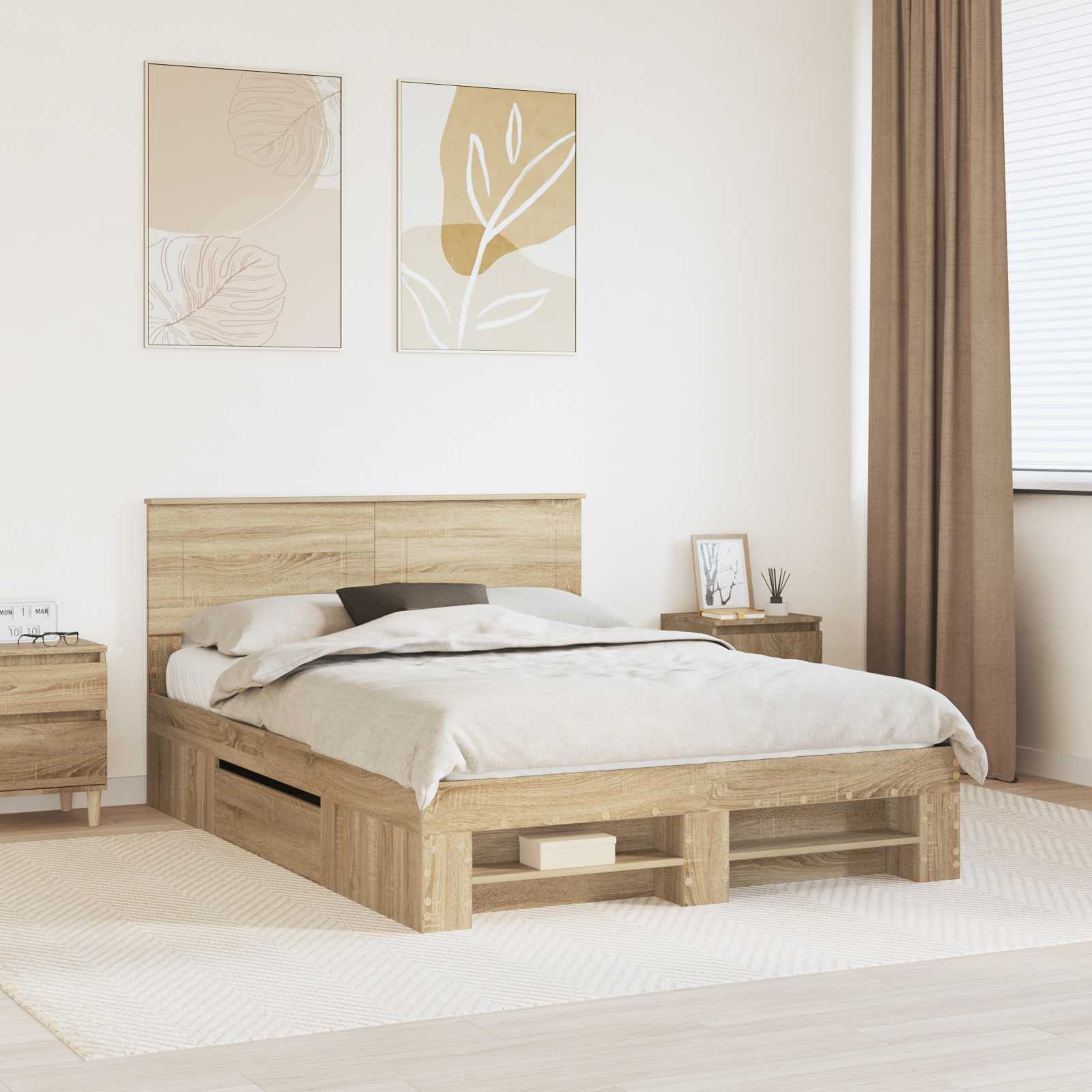 Bedframe met hoofdeinde Sonoma Eiken 140 x 200 cm Bewerkt hout – afbeelding 1
