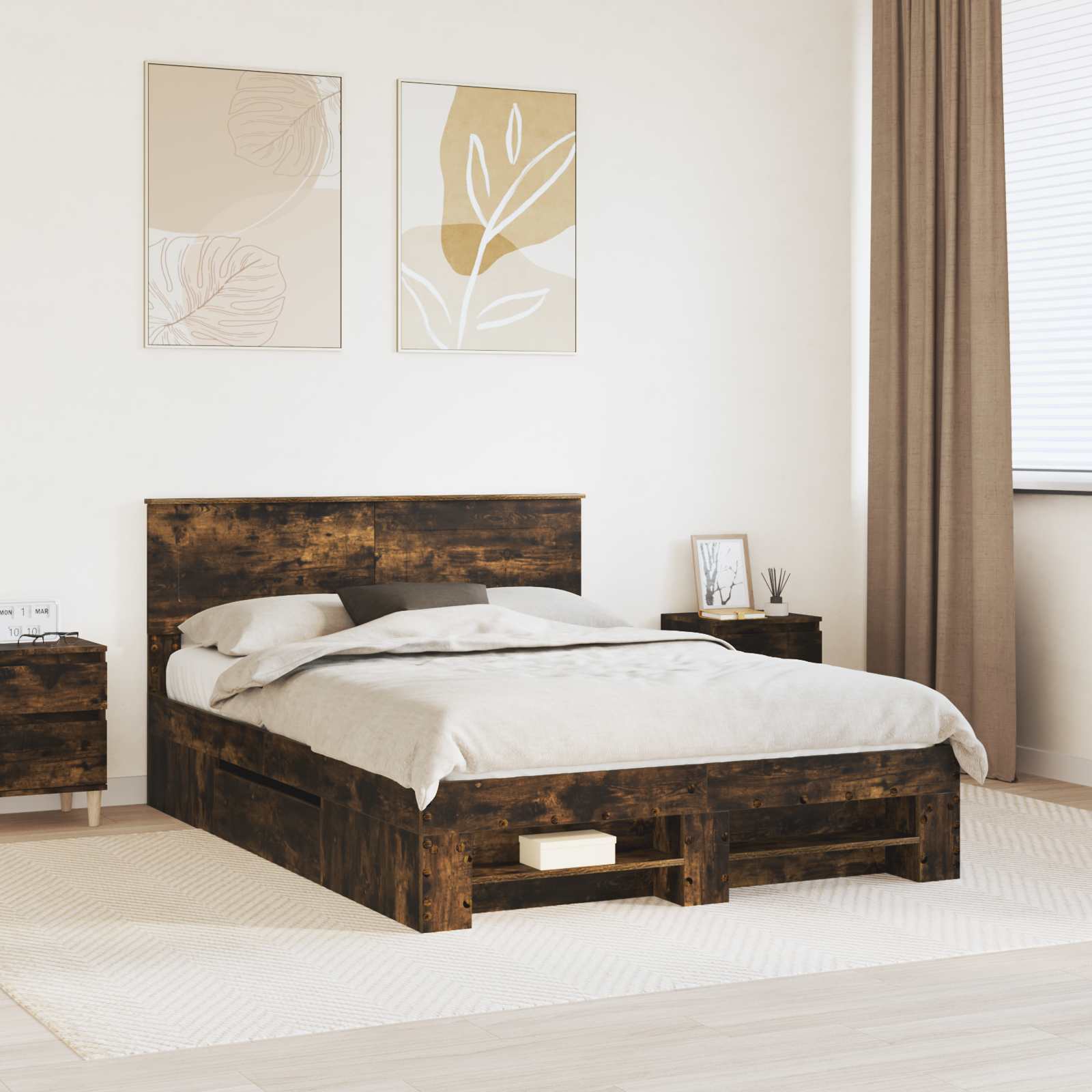 Bedframe met hoofdeinde Gerookt eiken 140 x 200 cm Bewerkt hout – afbeelding 1