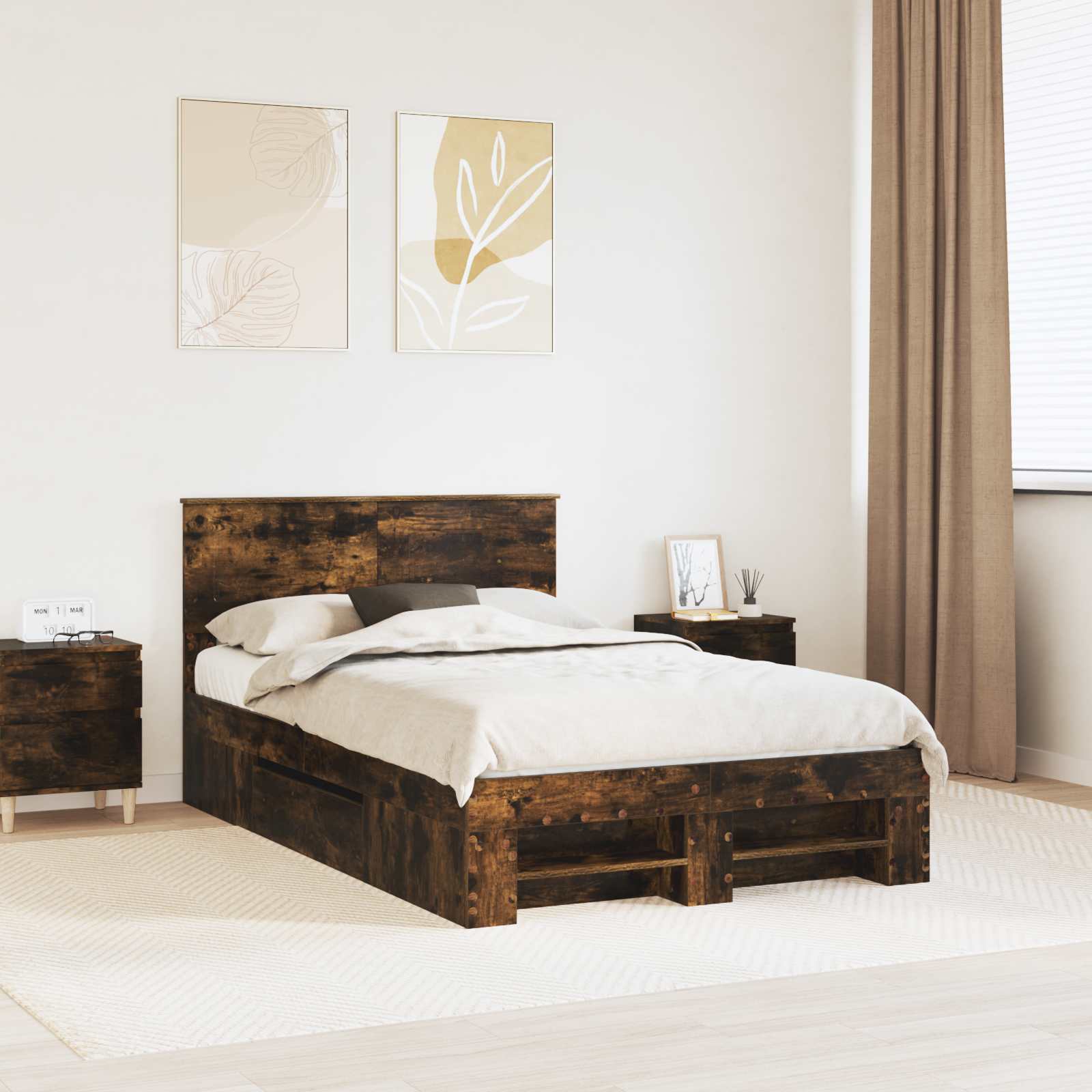 Bedframe met hoofdeinde Gerookt eiken 120 x 200 cm Bewerkt hout – afbeelding 1