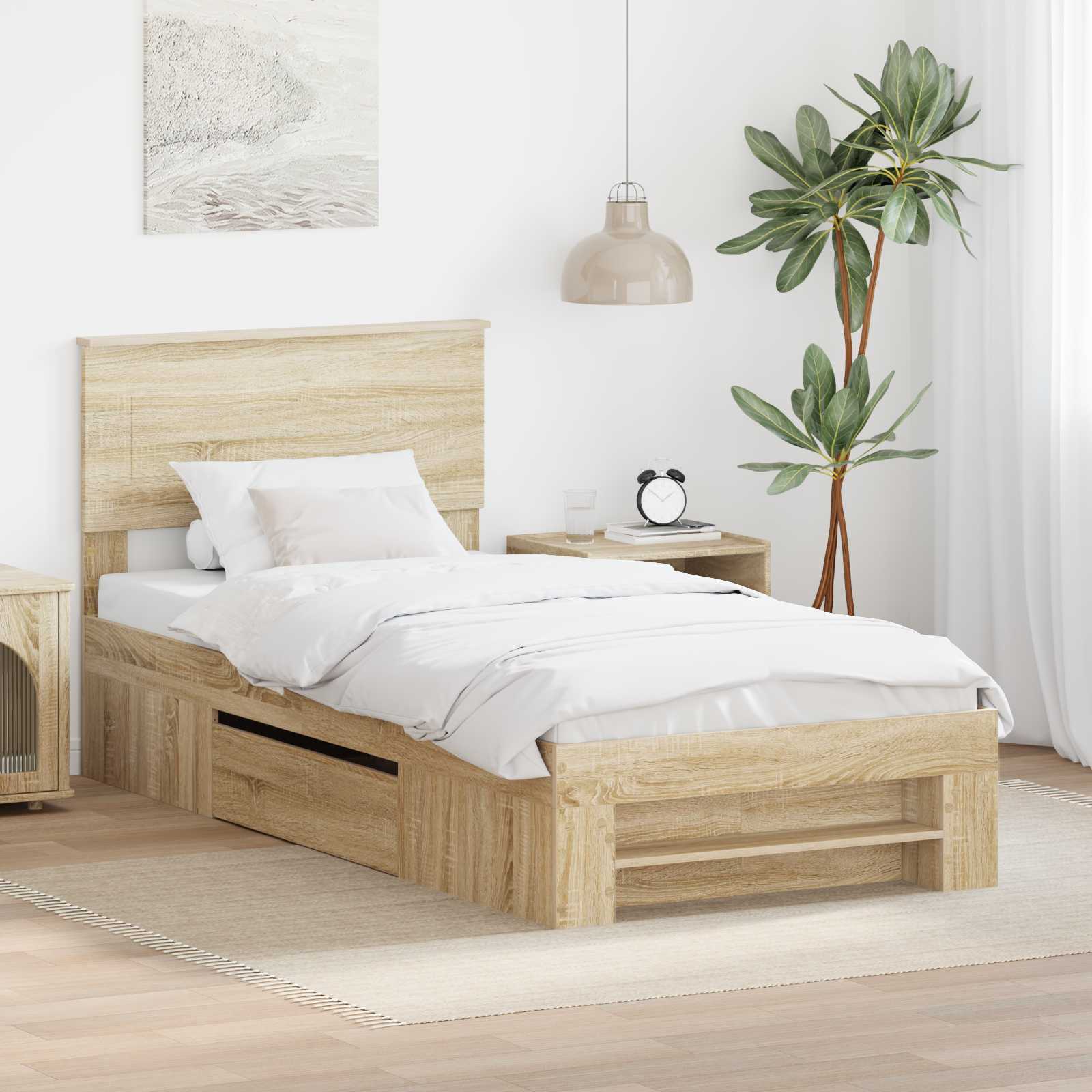 Bedframe met hoofdeinde Sonoma Eiken 90 x 200 cm Bewerkt hout – afbeelding 1