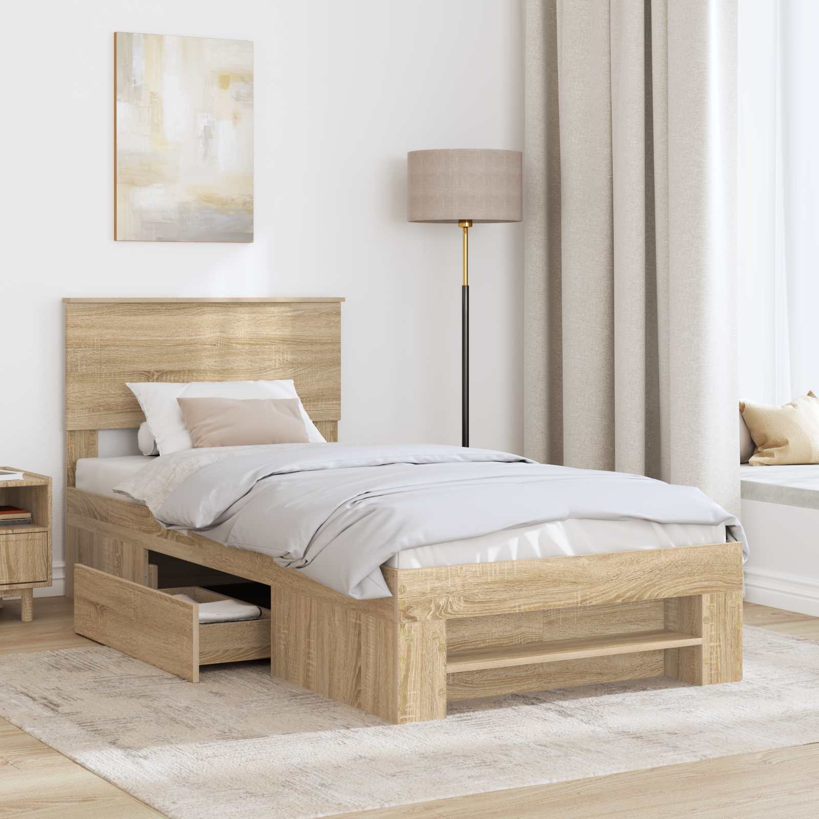 Bedframe met hoofdeinde Sonoma Eiken 90 x 200 cm Bewerkt hout – afbeelding 3
