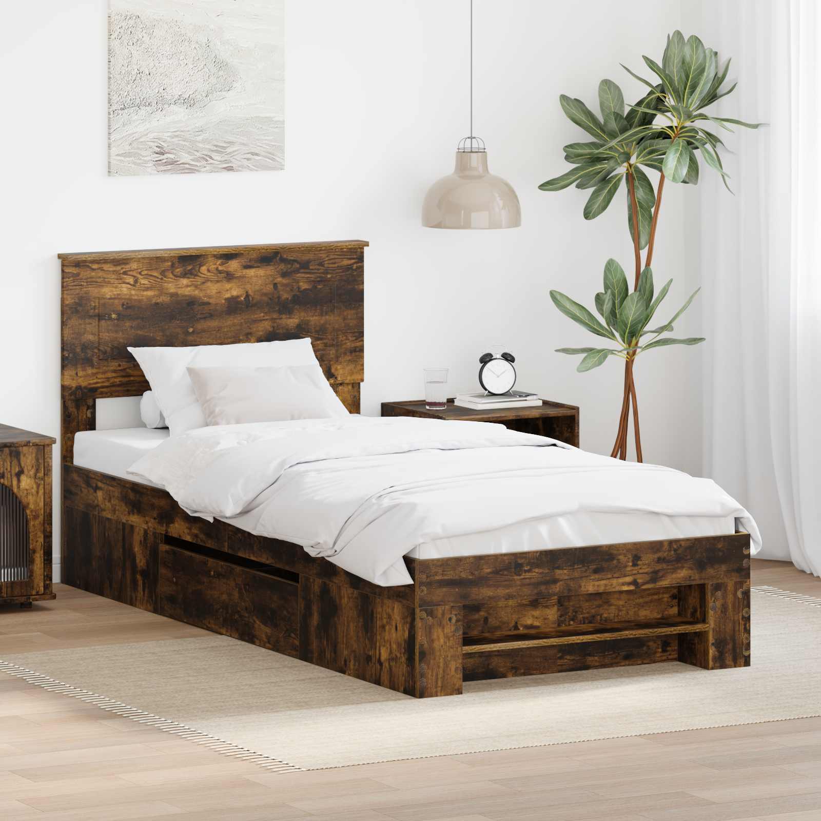 Bedframe met hoofdeinde Gerookt eiken 80 x 200 cm Bewerkt hout – afbeelding 1