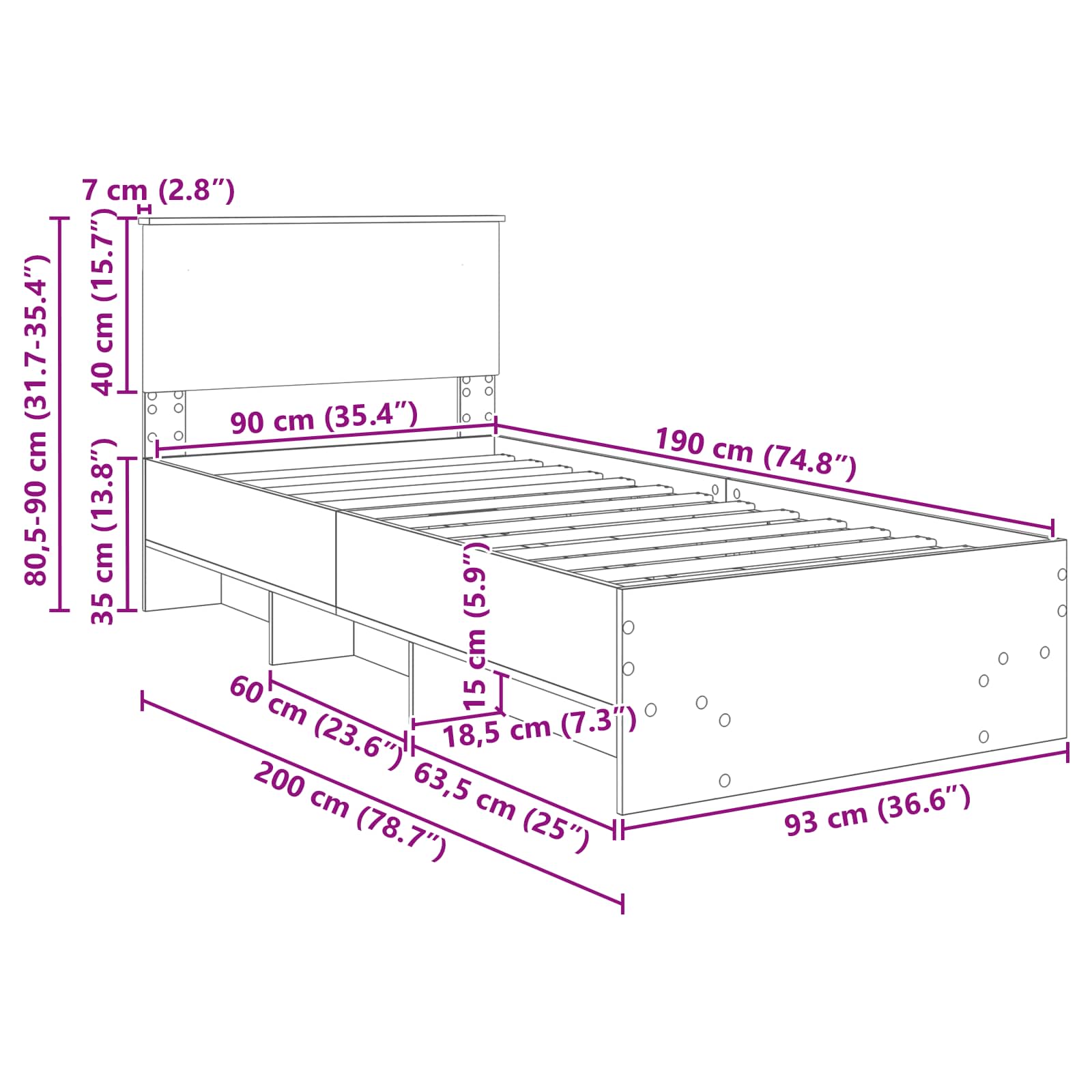 Bedframe met hoofdeinde Zwart 90 x 200 cm Bewerkt hout – afbeelding 12