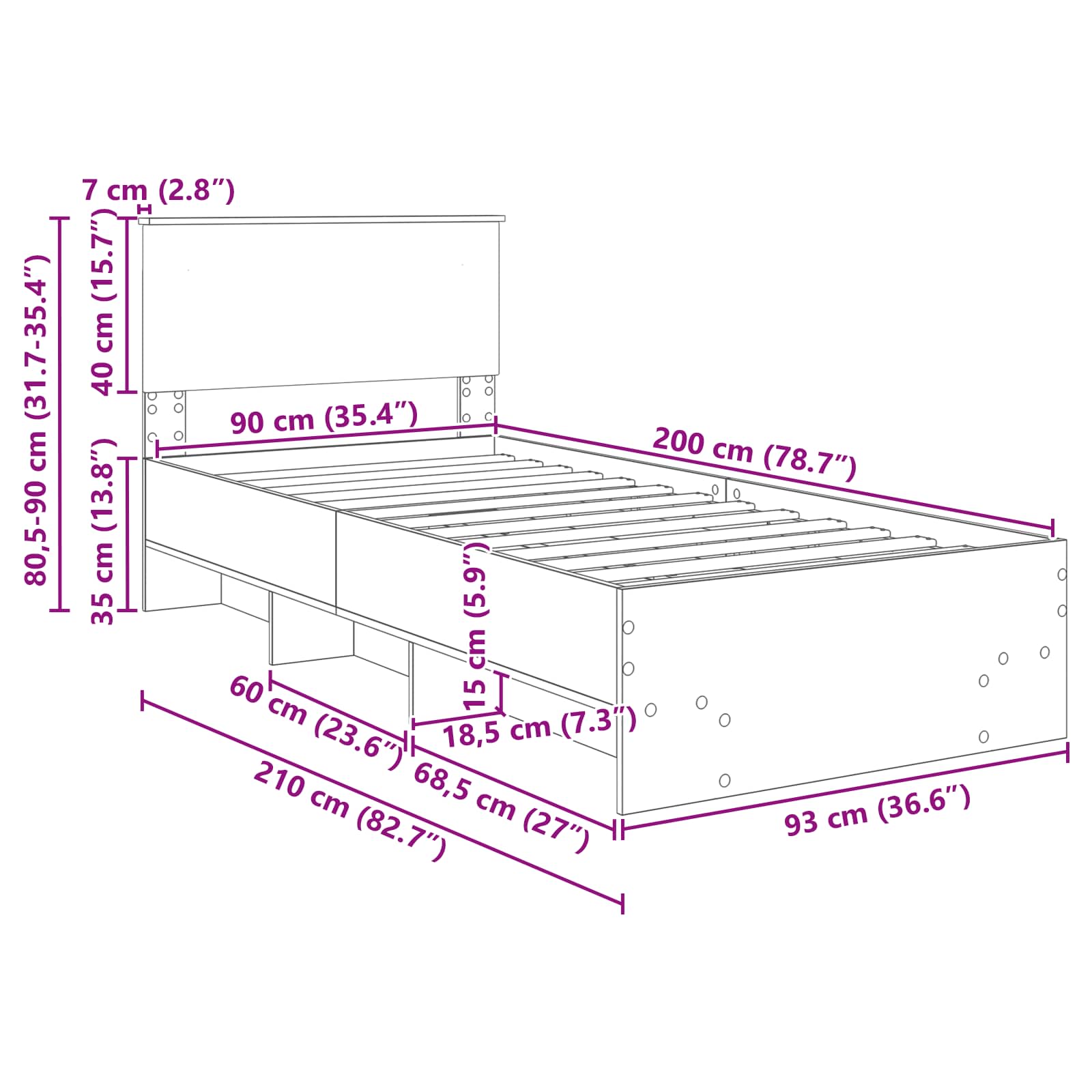 Bedframe met hoofdeinde Sonoma Eiken 90 x 200 cm Bewerkt hout – afbeelding 12