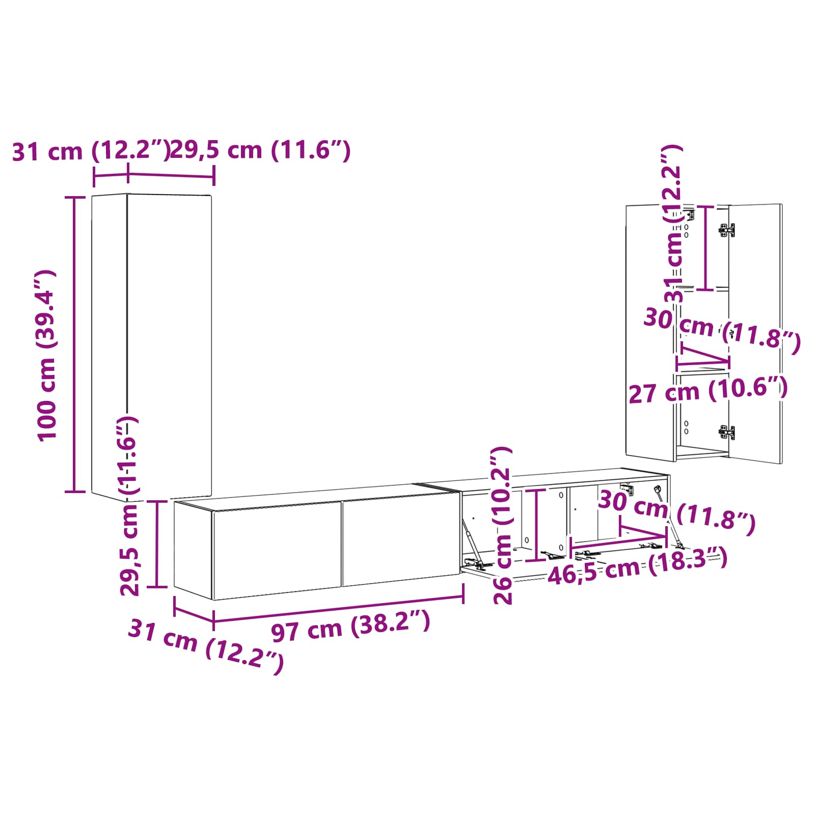 TV Wandkast Set Wandgemonteerd 4 pcs Wit Bewerkt hout – afbeelding 12