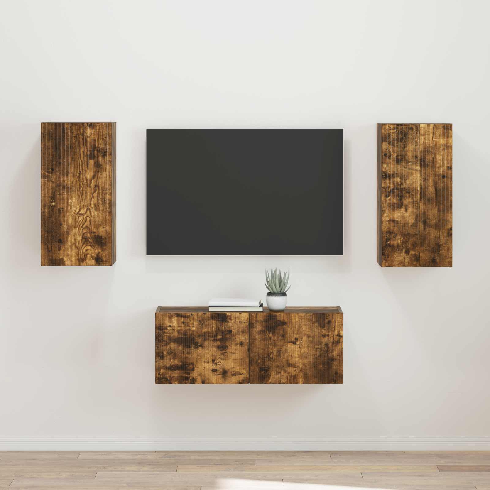 Tv-meubelset Wandgemonteerd 2 pcs Gerookt eiken Bewerkt hout – afbeelding 1
