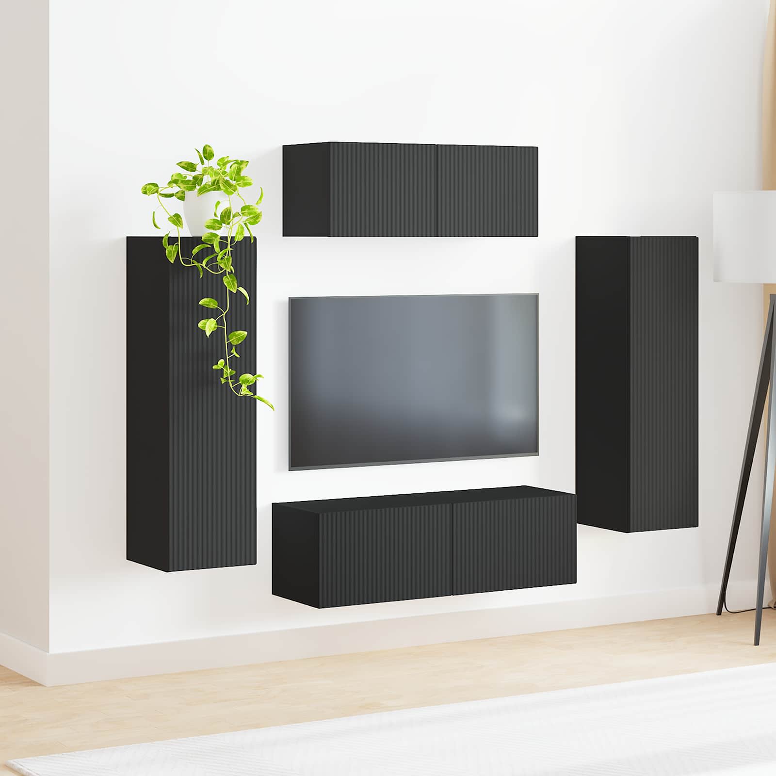 Tv-meubelset Wandgemonteerd 3 pcs Zwart Bewerkt hout – afbeelding 4