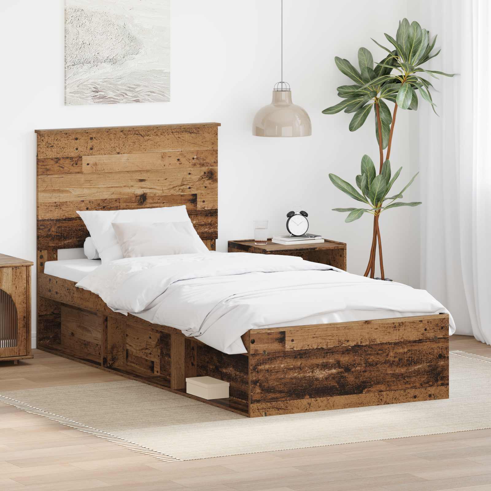 Bedframe met hoofdeinde Oudhout 90 x 190 cm Massief grenenhout – afbeelding 1