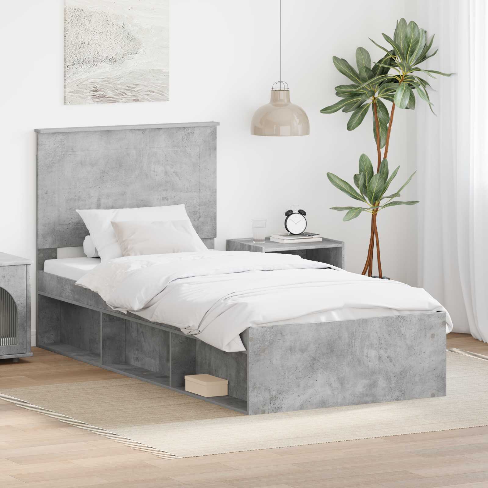 Bedframe met hoofdeinde Beton 90 x 200 cm Massief grenenhout – afbeelding 1